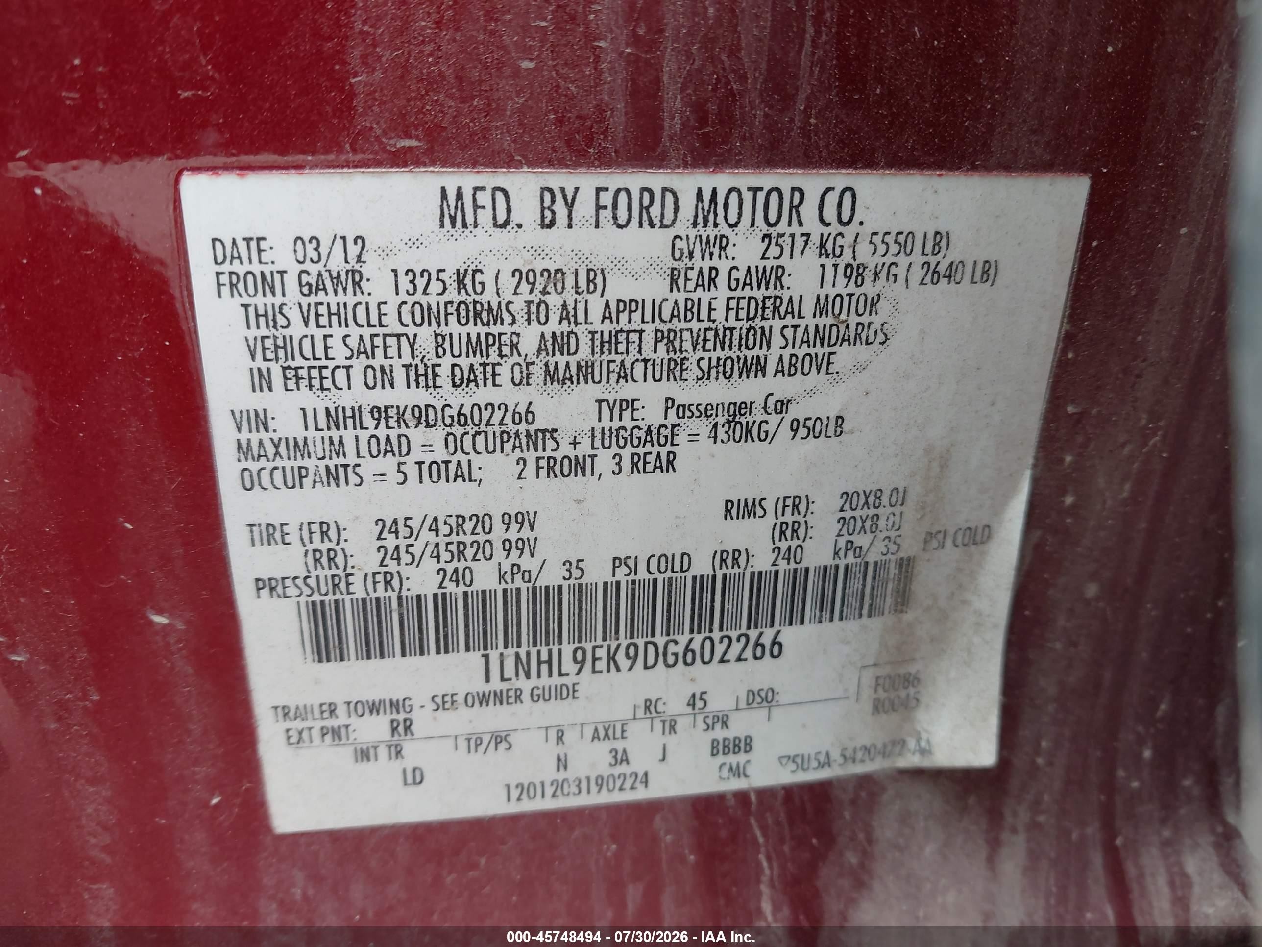 2013 Lincoln Mks   Красный vin: 1LNHL9EK9DG602266