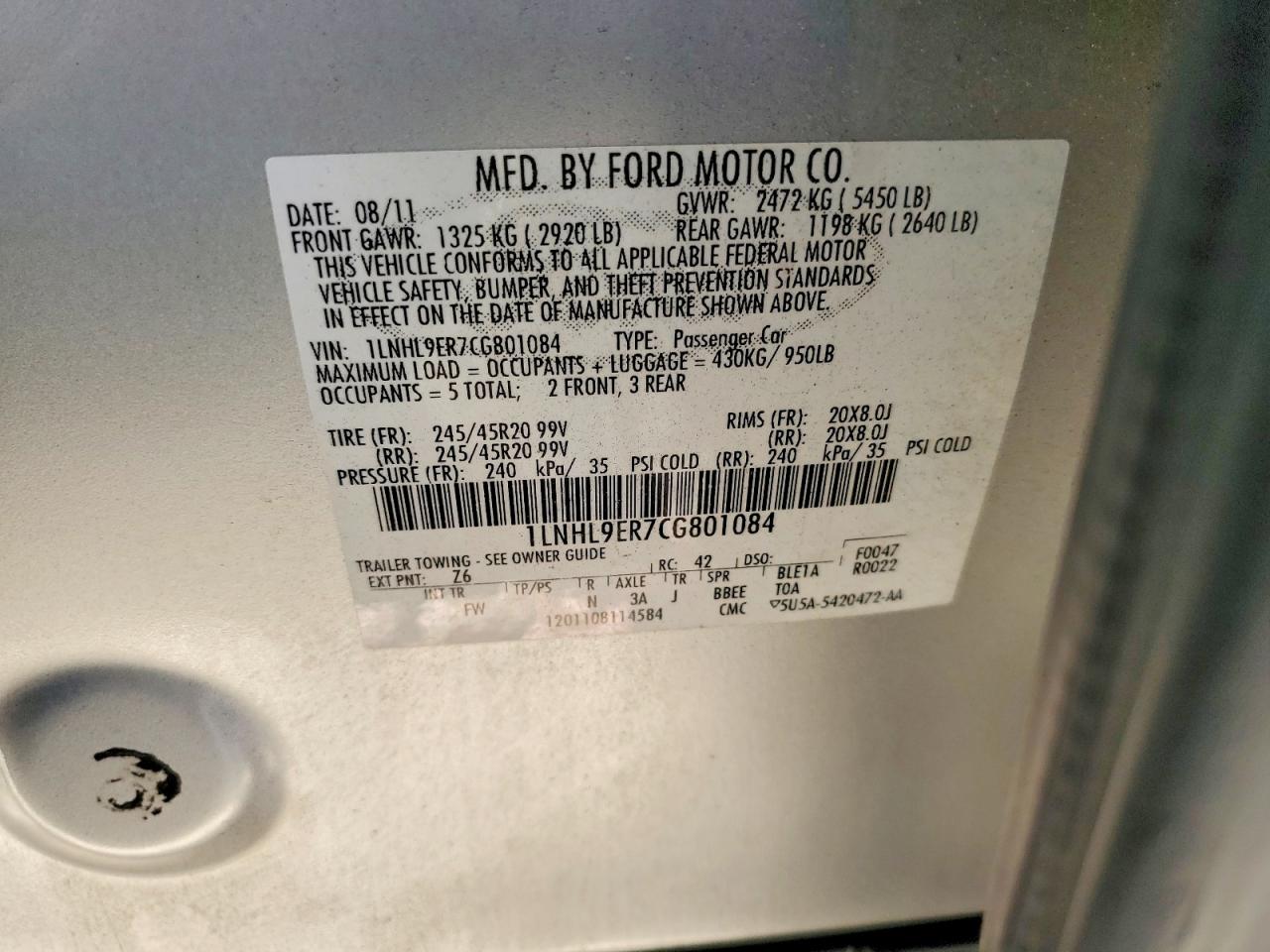 2012 Lincoln Mks Silver vin: 1LNHL9ER7CG801084