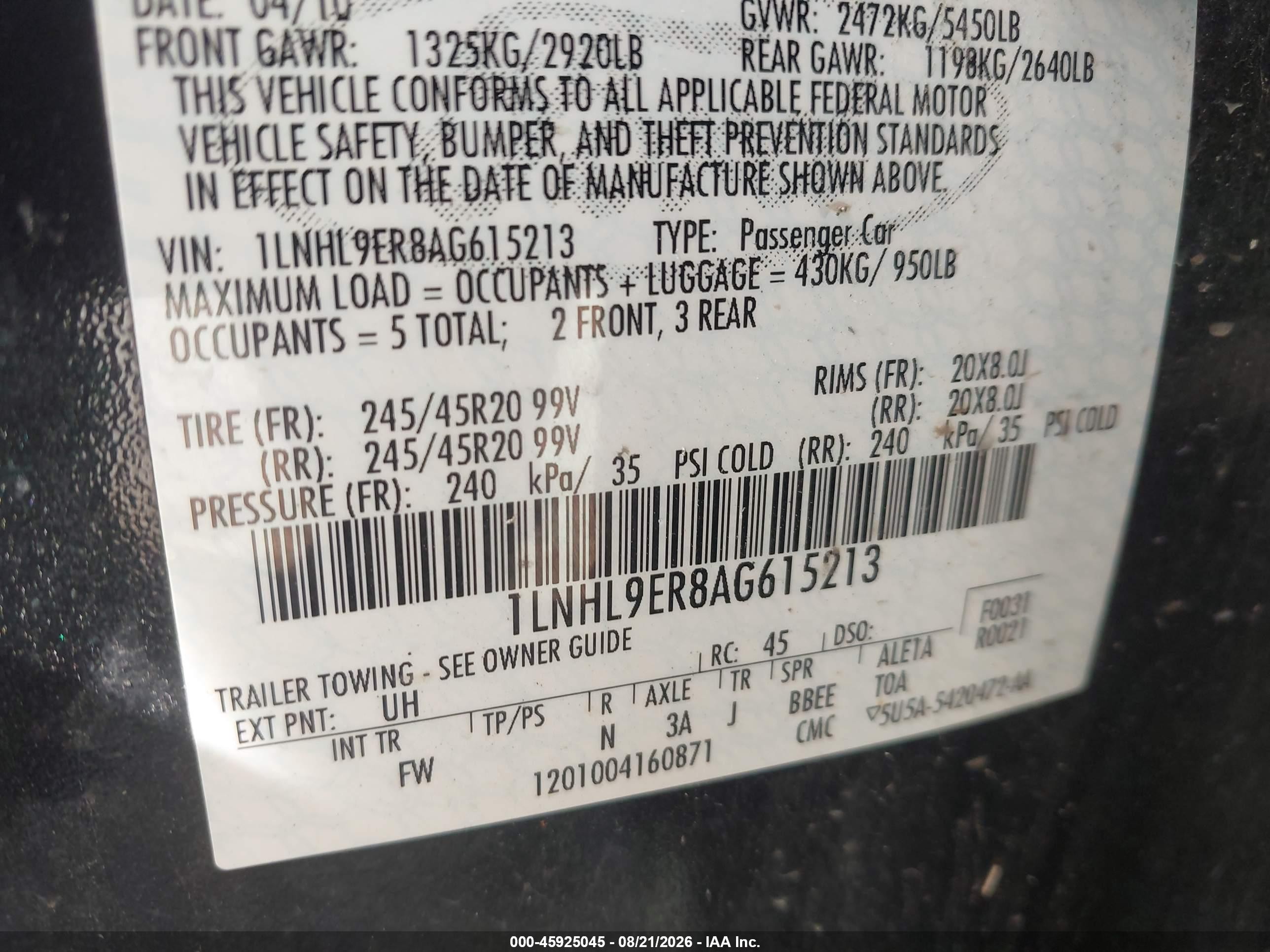 2010 Lincoln Mks   Black vin: 1LNHL9ER8AG615213