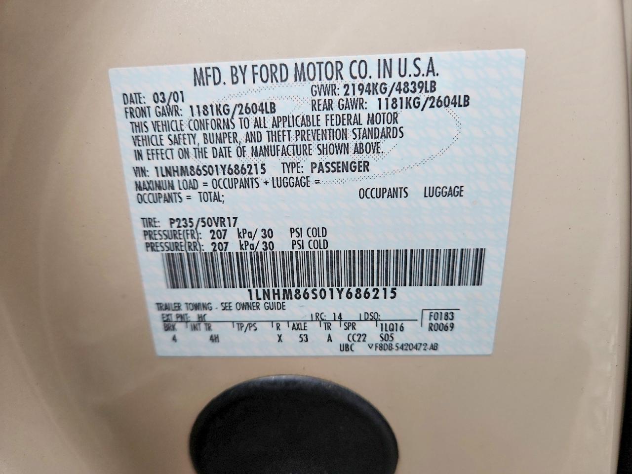 2001 Lincoln Ls Tan vin: 1LNHM86S01Y686215