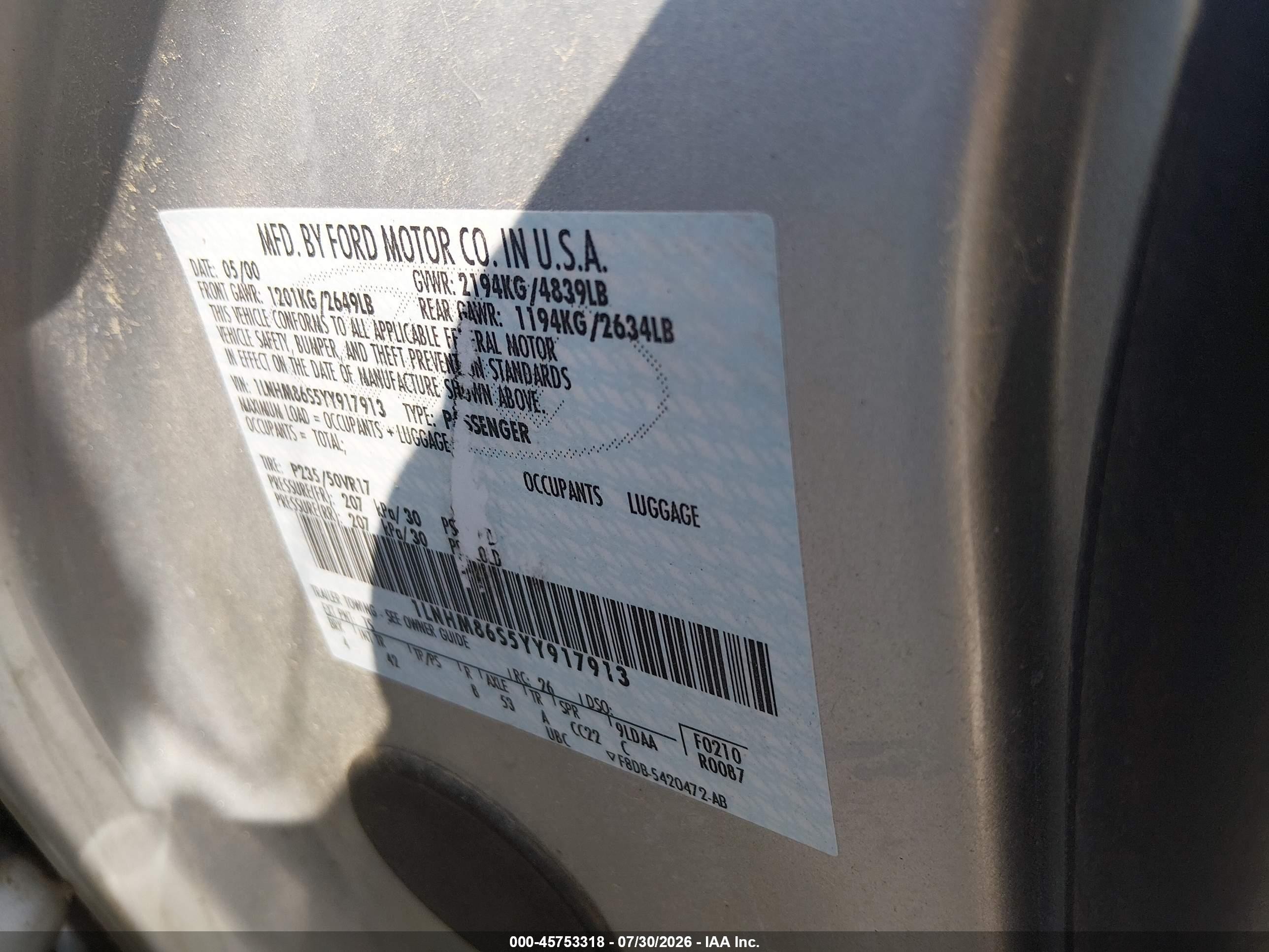2000 Lincoln Ls V6 Auto/v6 Manual Silver vin: 1LNHM86S5YY917913