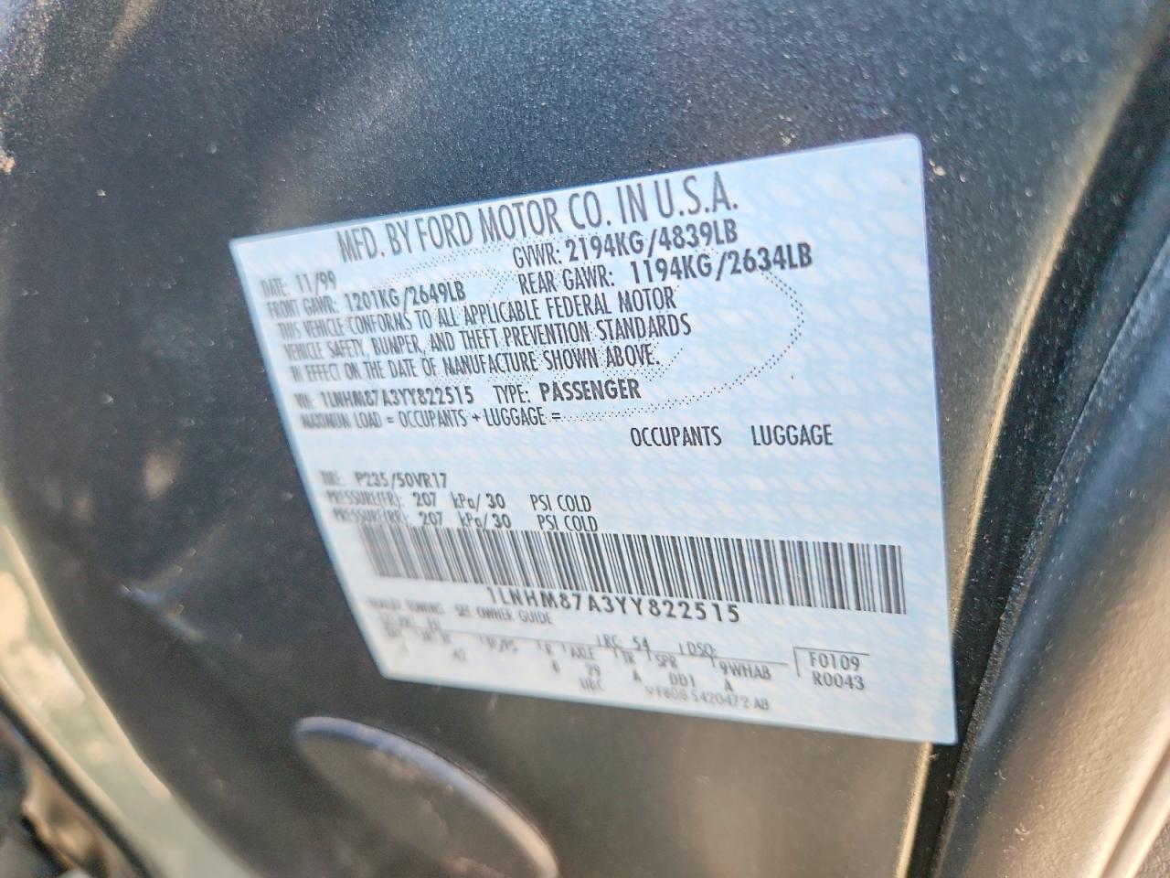 2000 Lincoln Ls Green vin: 1LNHM87A3YY822515