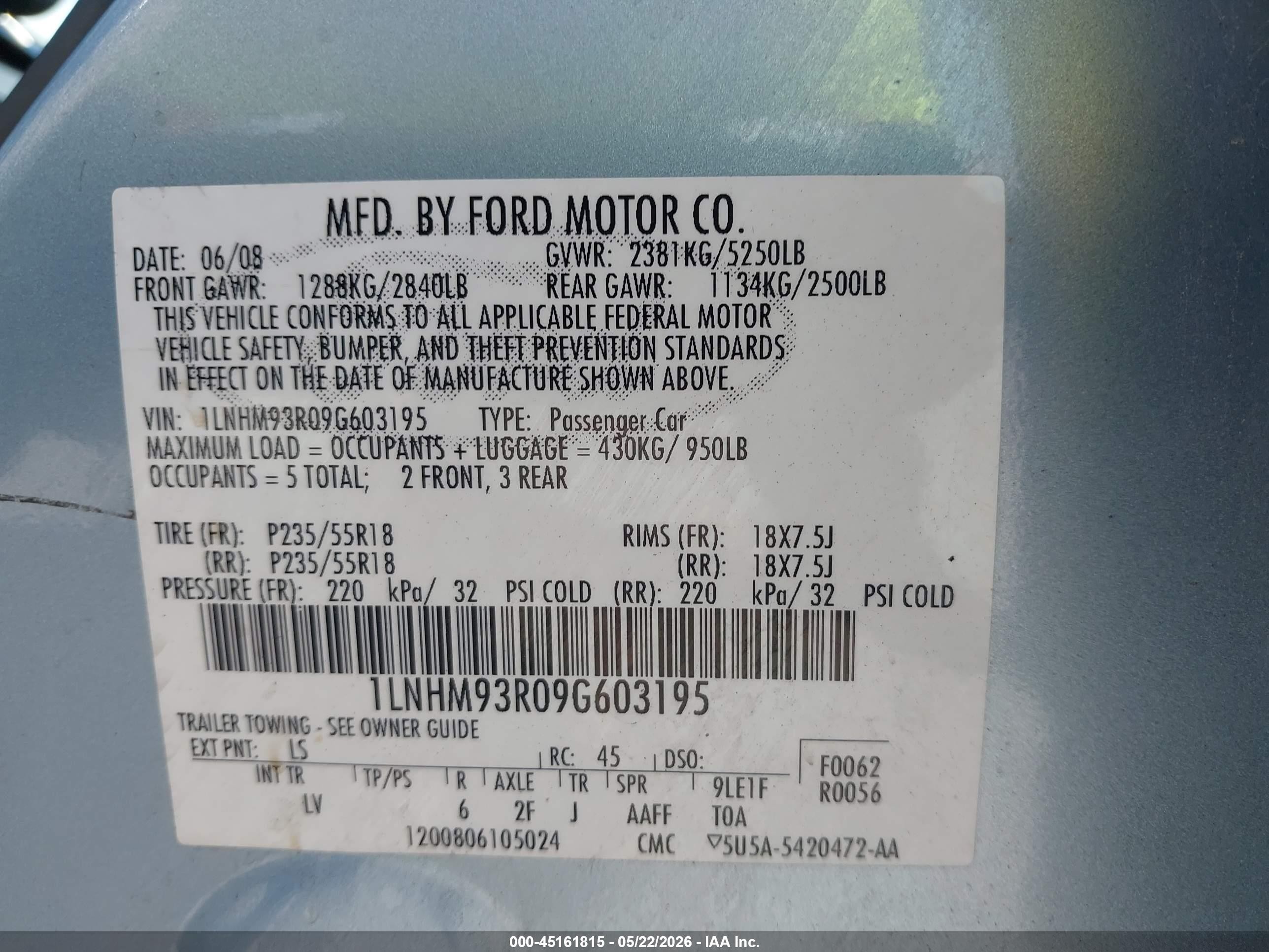 2009 Lincoln Mks   Blue vin: 1LNHM93R09G603195