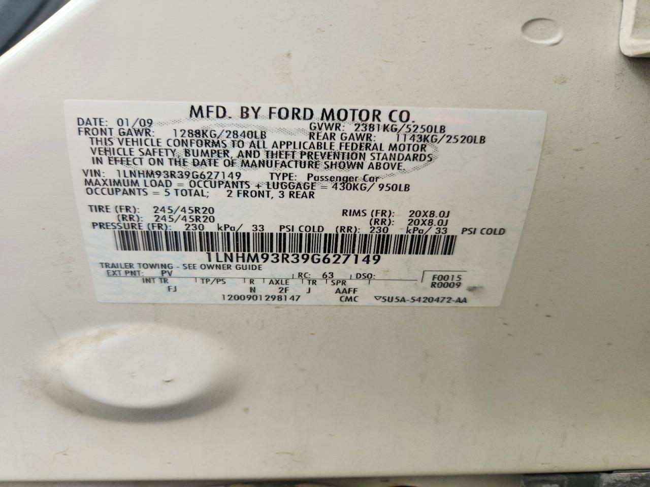2009 Lincoln Mks White vin: 1LNHM93R39G627149