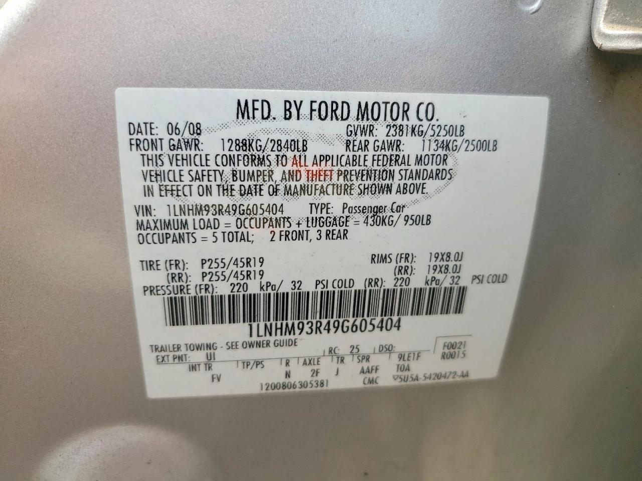 2009 Lincoln Mks Silver vin: 1LNHM93R49G605404