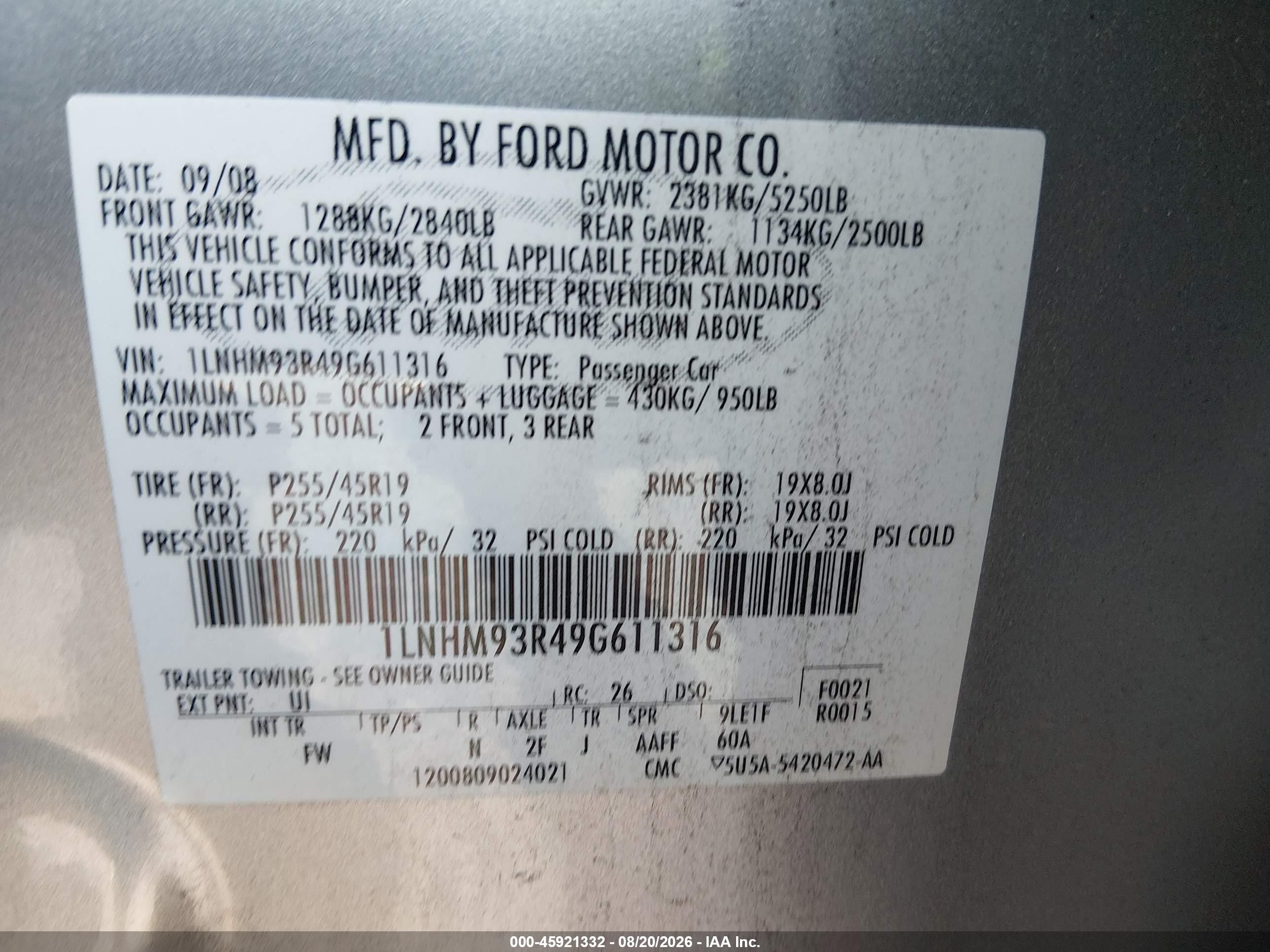 2009 Lincoln Mks   Silver vin: 1LNHM93R49G611316