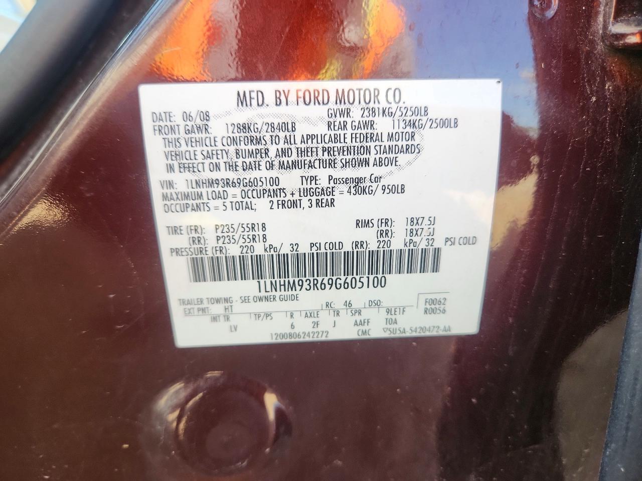 2009 Lincoln Mks Burgundy vin: 1LNHM93R69G605100