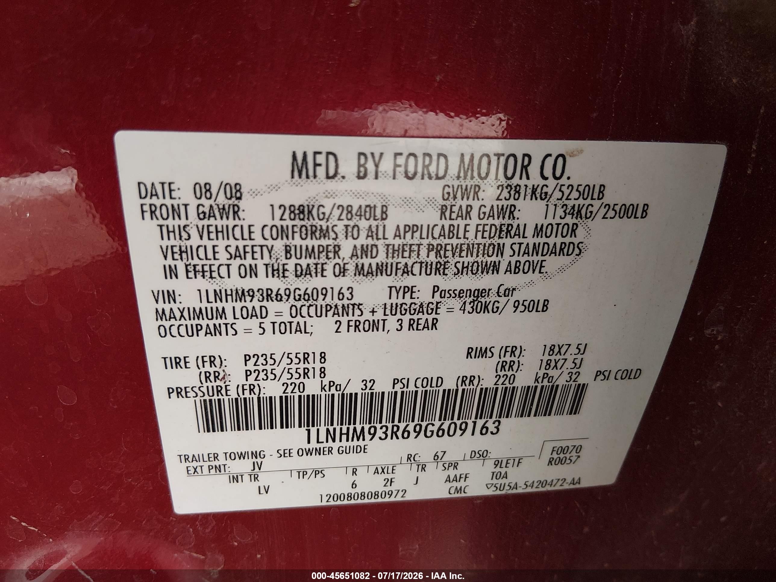 2009 Lincoln Mks   Red vin: 1LNHM93R69G609163