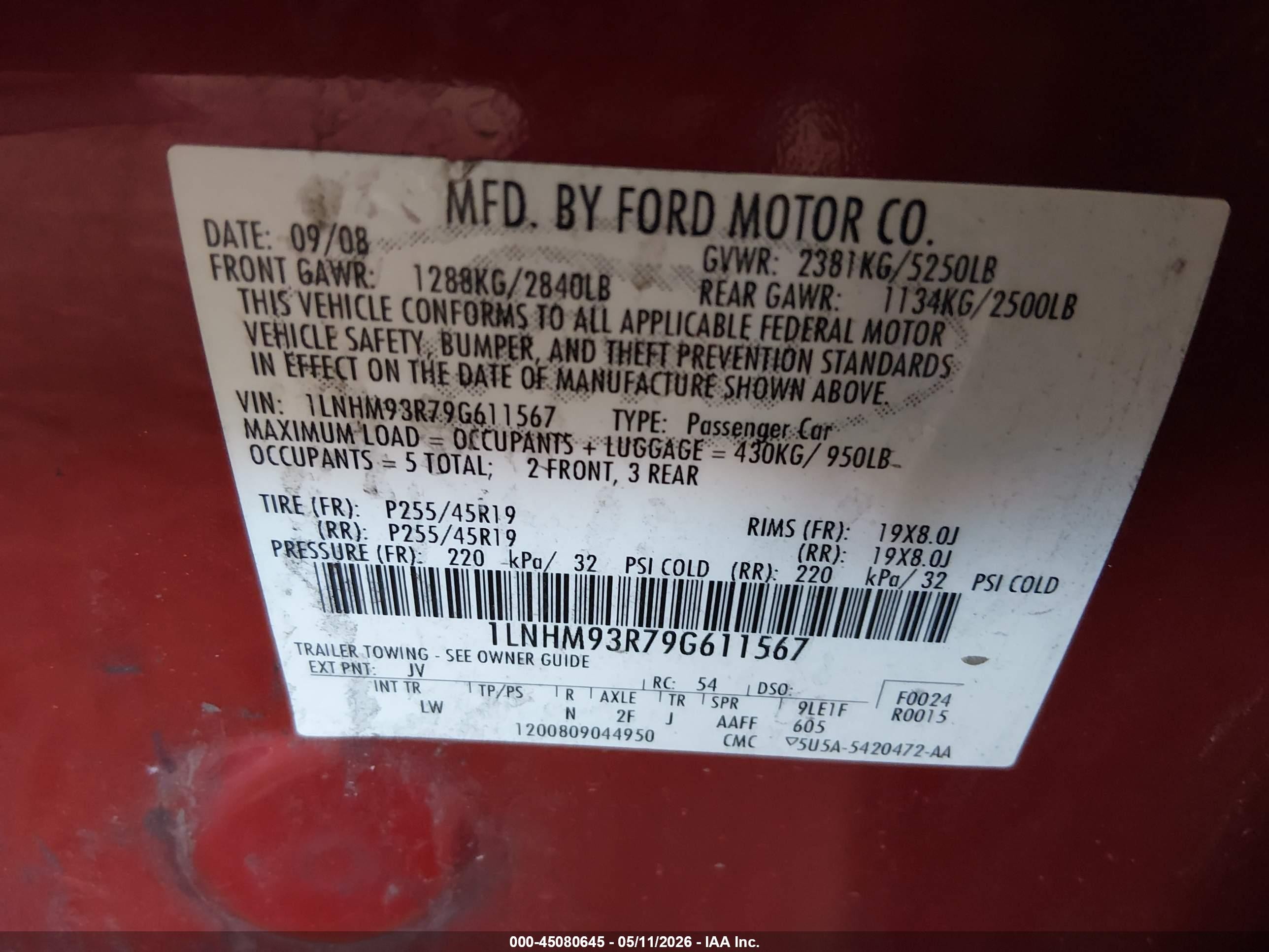 2009 Lincoln Mks   Maroon vin: 1LNHM93R79G611567