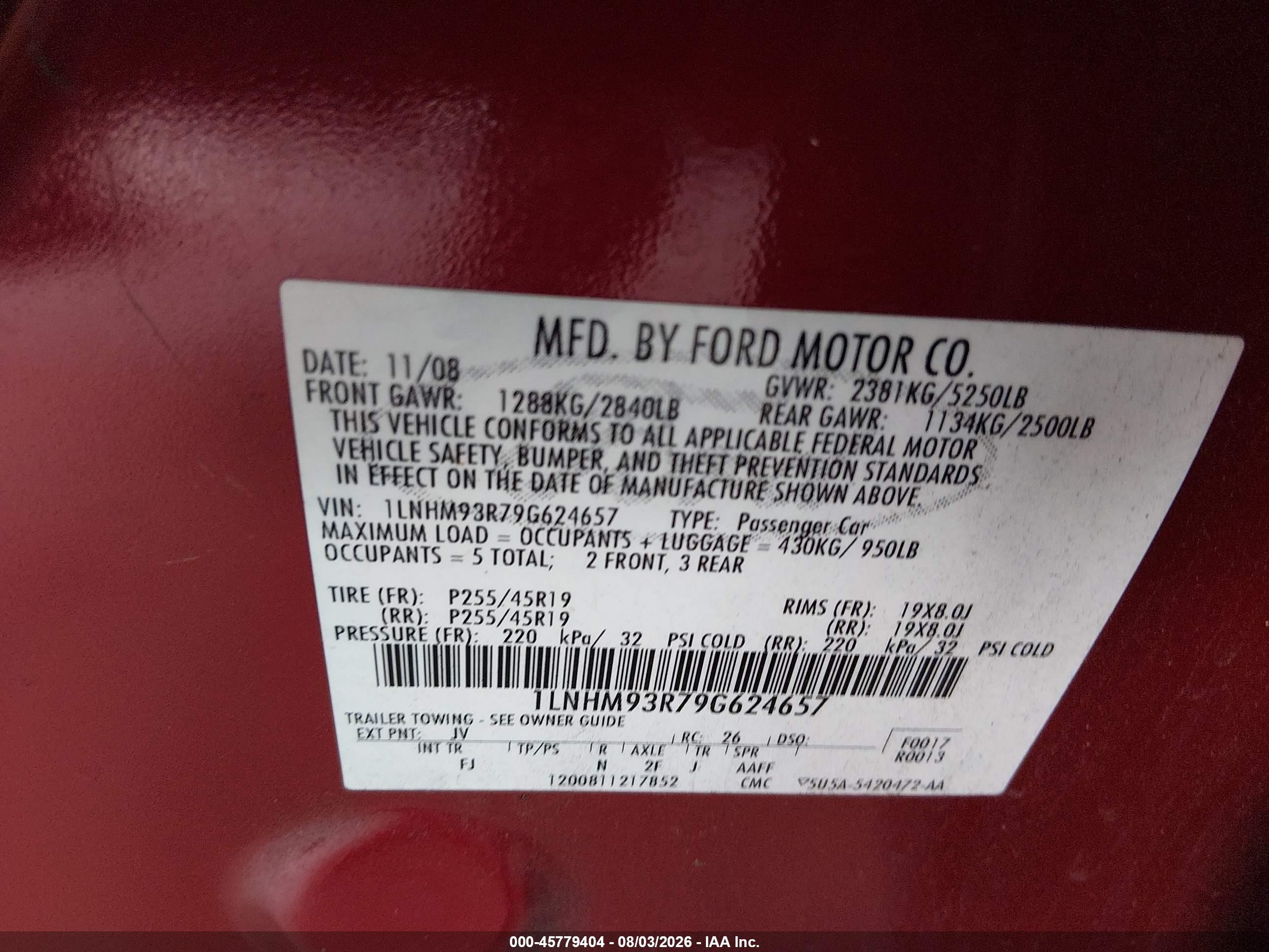 2009 Lincoln Mks   Red vin: 1LNHM93R79G624657