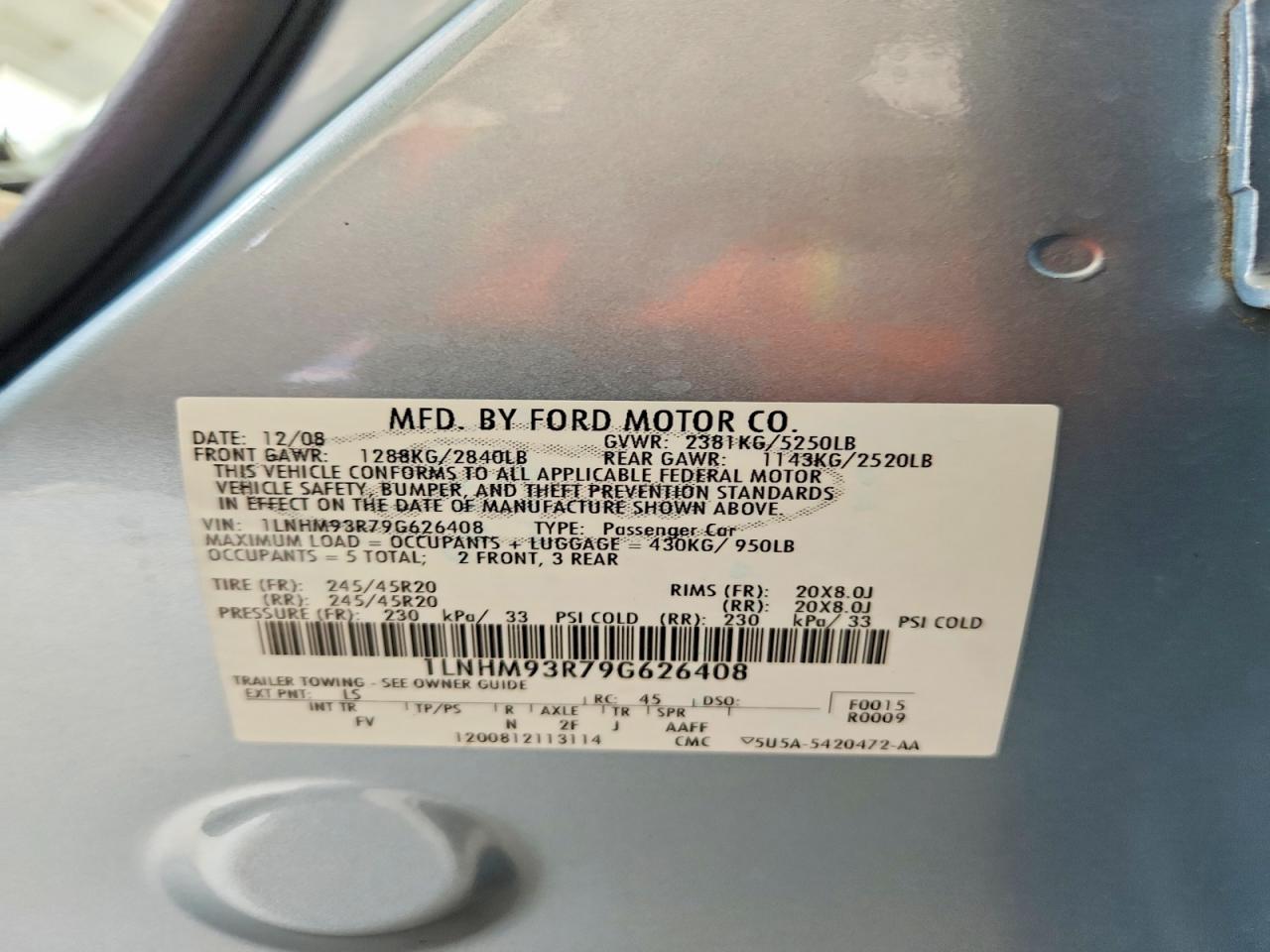 2009 Lincoln Mks Blue vin: 1LNHM93R79G626408