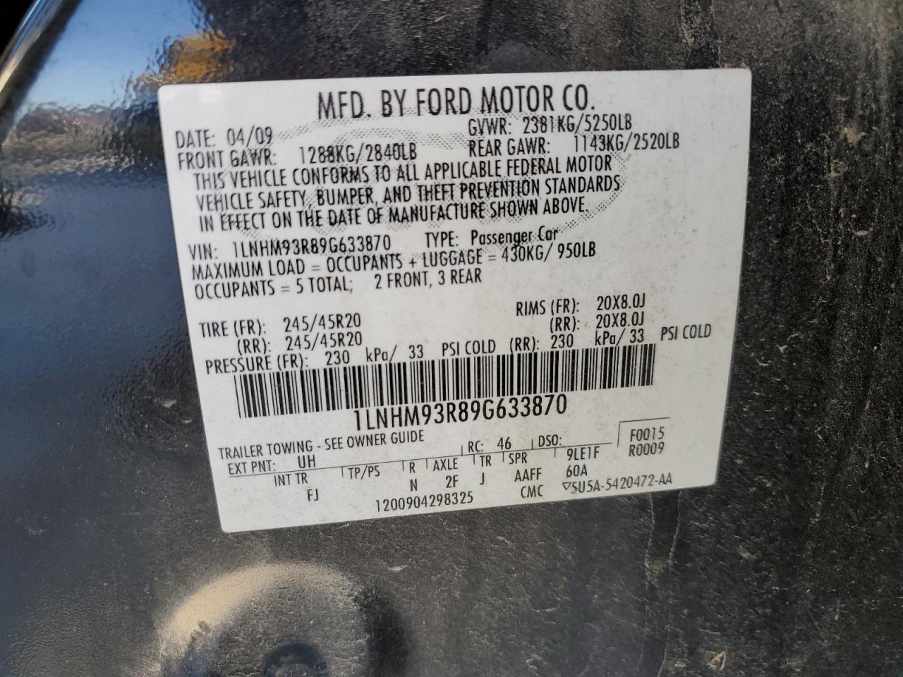 2009 Lincoln Mks Black vin: 1LNHM93R89G633870