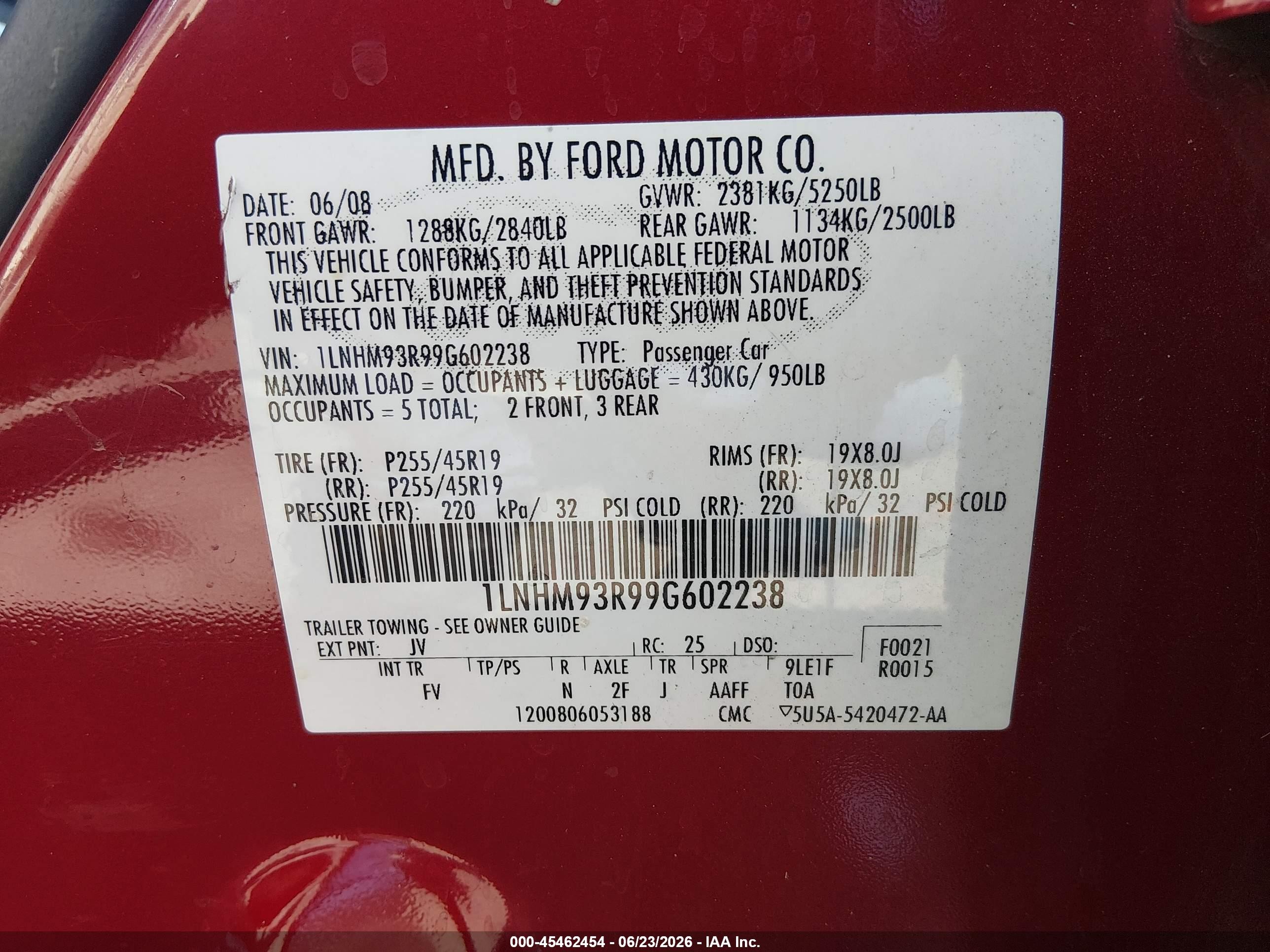 2009 Lincoln Mks   Red vin: 1LNHM93R99G602238