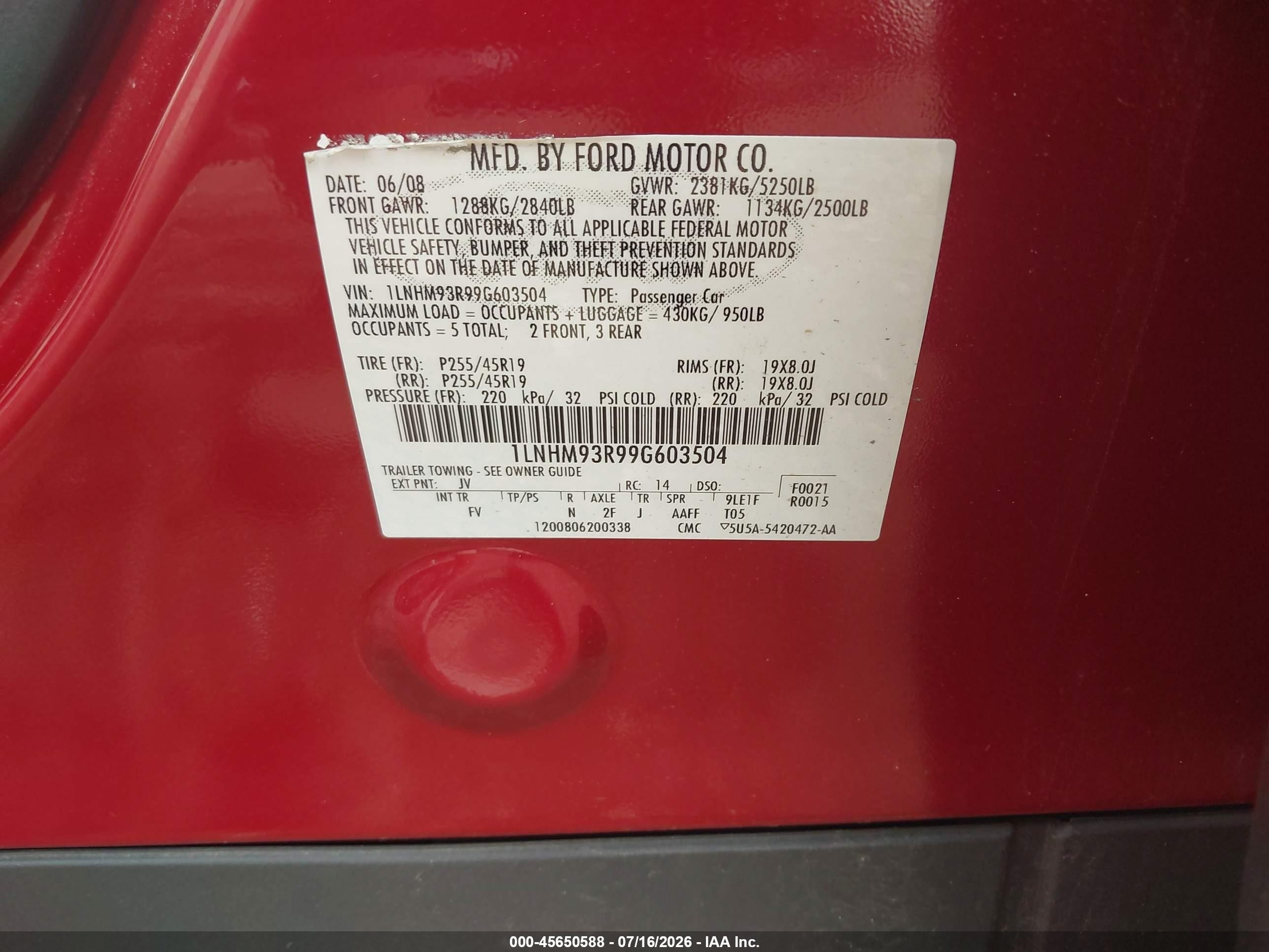 2009 Lincoln Mks   Red vin: 1LNHM93R99G603504