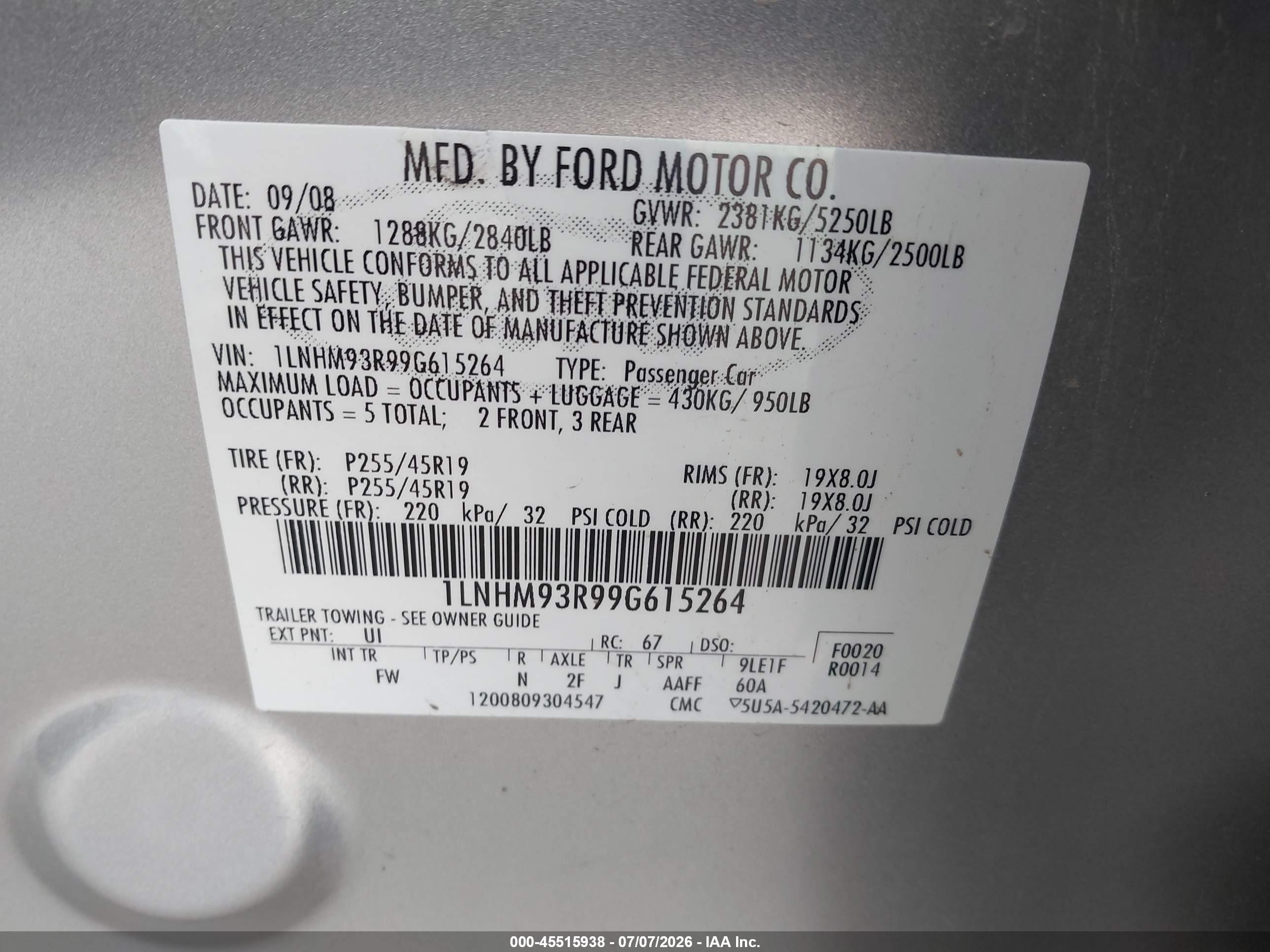 2009 Lincoln Mks   Silver vin: 1LNHM93R99G615264