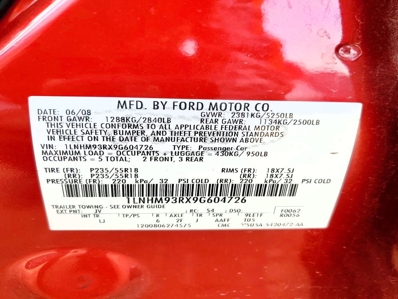 2009 Lincoln Mks Red vin: 1LNHM93RX9G604726