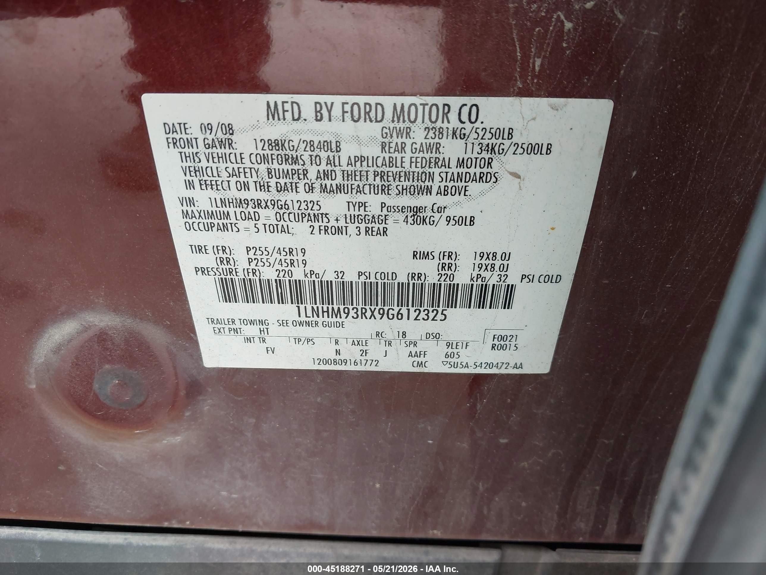 2009 Lincoln Mks   Maroon vin: 1LNHM93RX9G612325