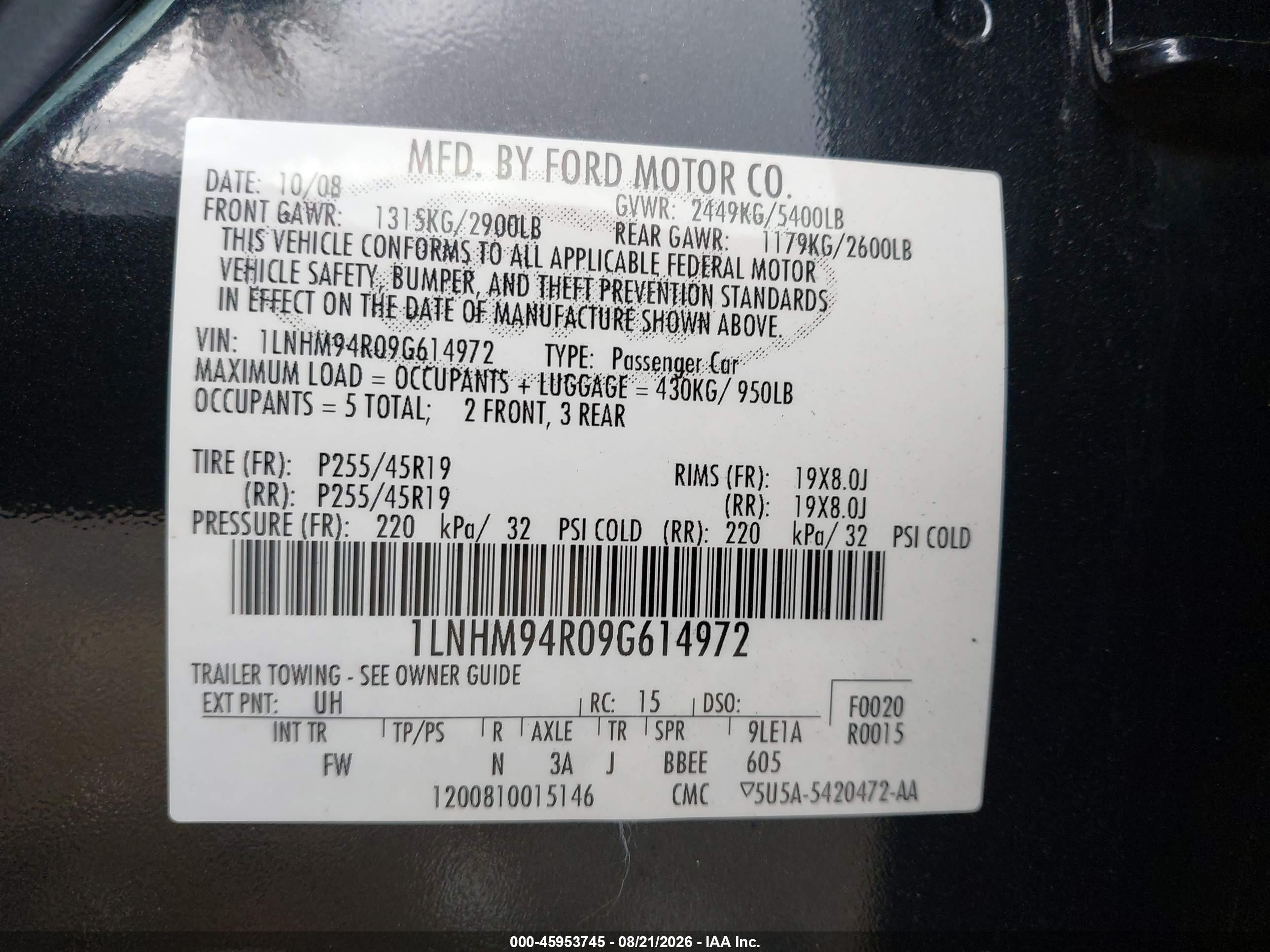 2009 Lincoln Mks   Black vin: 1LNHM94R09G614972