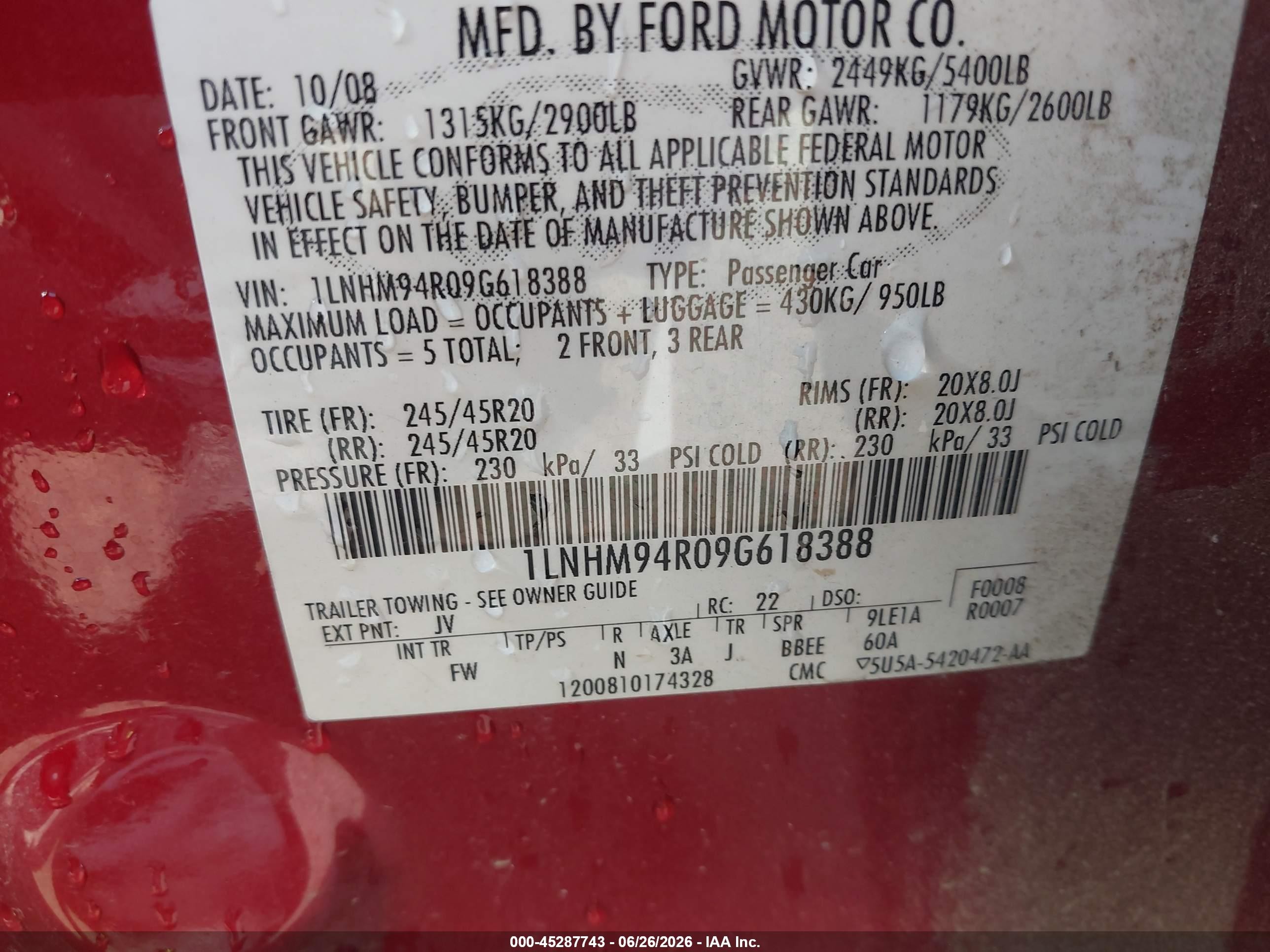 2009 Lincoln Mks   Red vin: 1LNHM94R09G618388