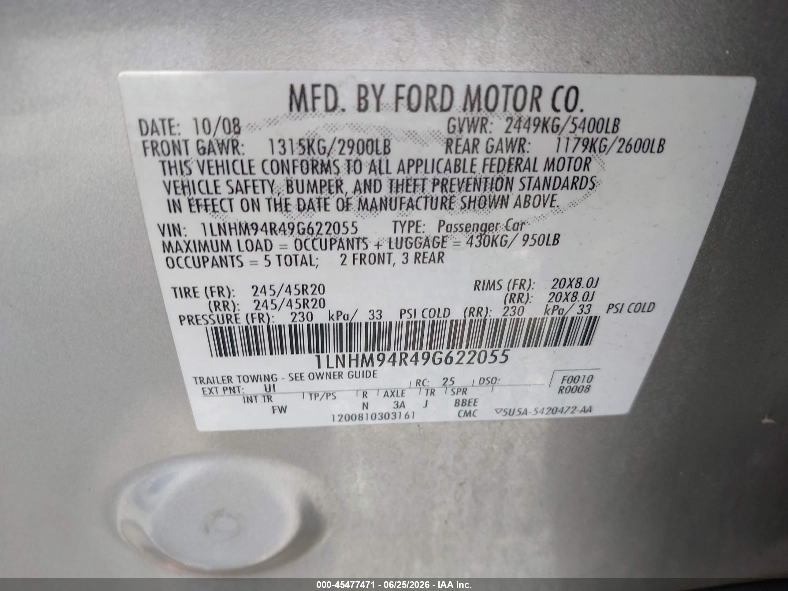 2009 Lincoln Mks Silver vin: 1LNHM94R49G622055