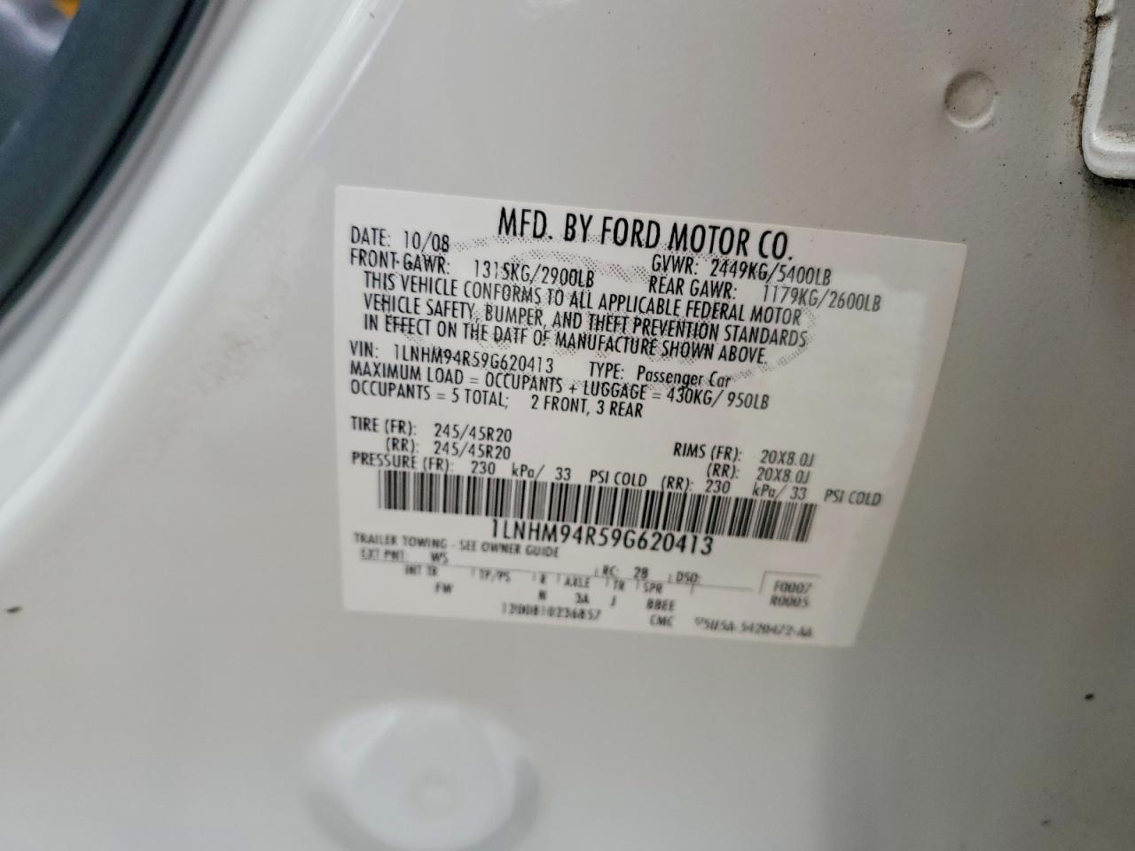 2009 Lincoln Mks White vin: 1LNHM94R59G620413