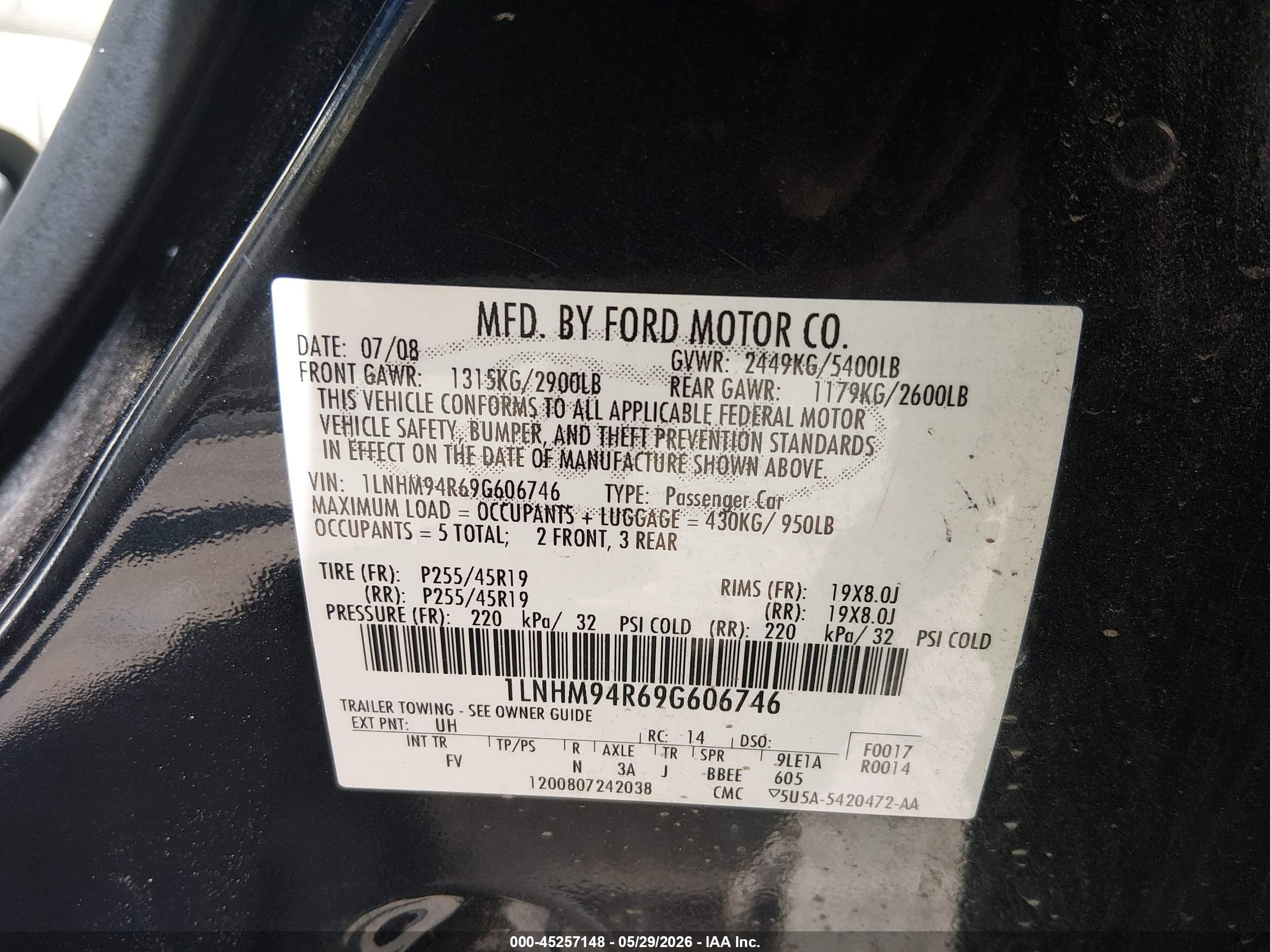 2009 Lincoln Mks   Black vin: 1LNHM94R69G606746