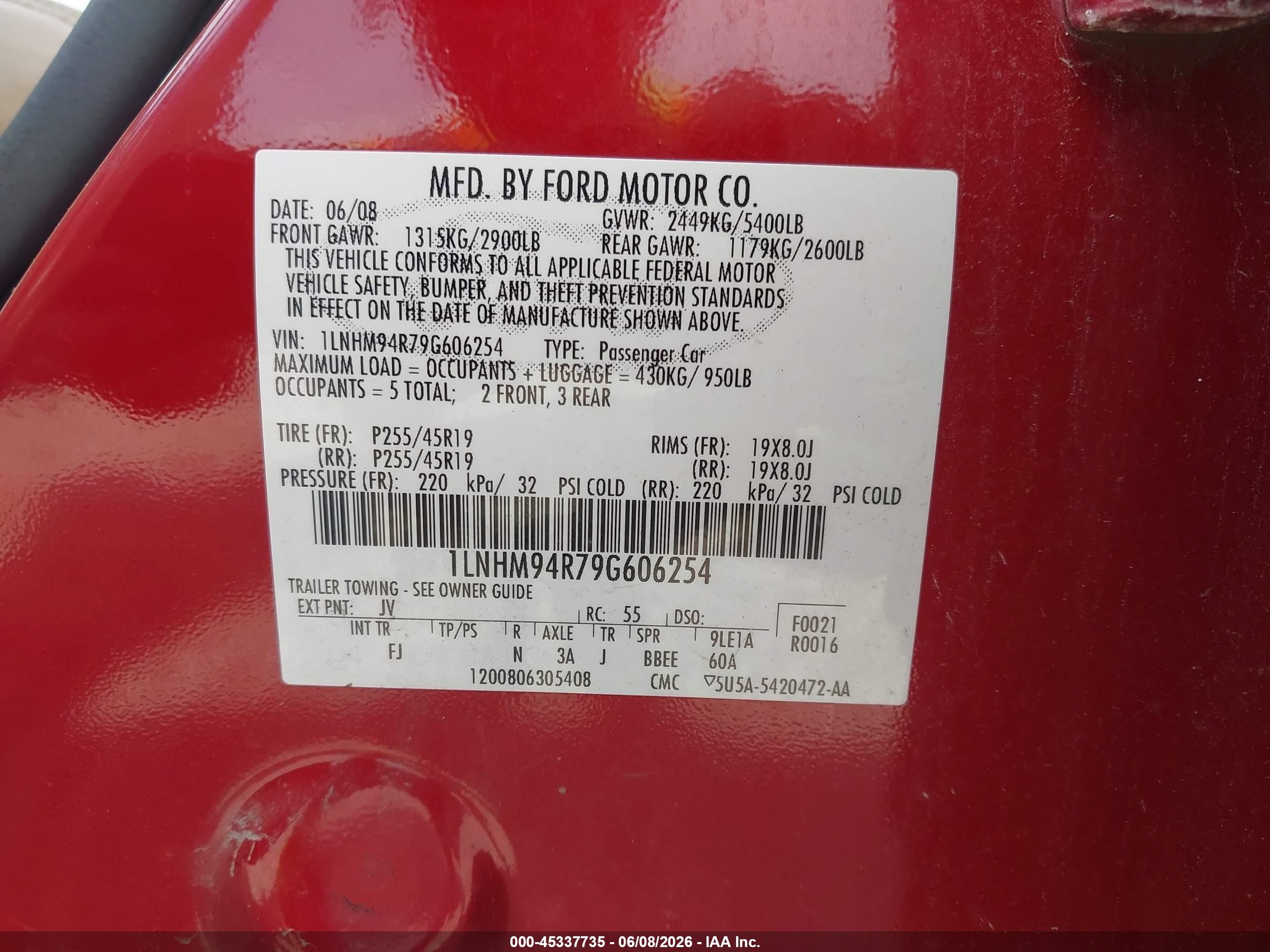 2009 Lincoln Mks   Red vin: 1LNHM94R79G606254