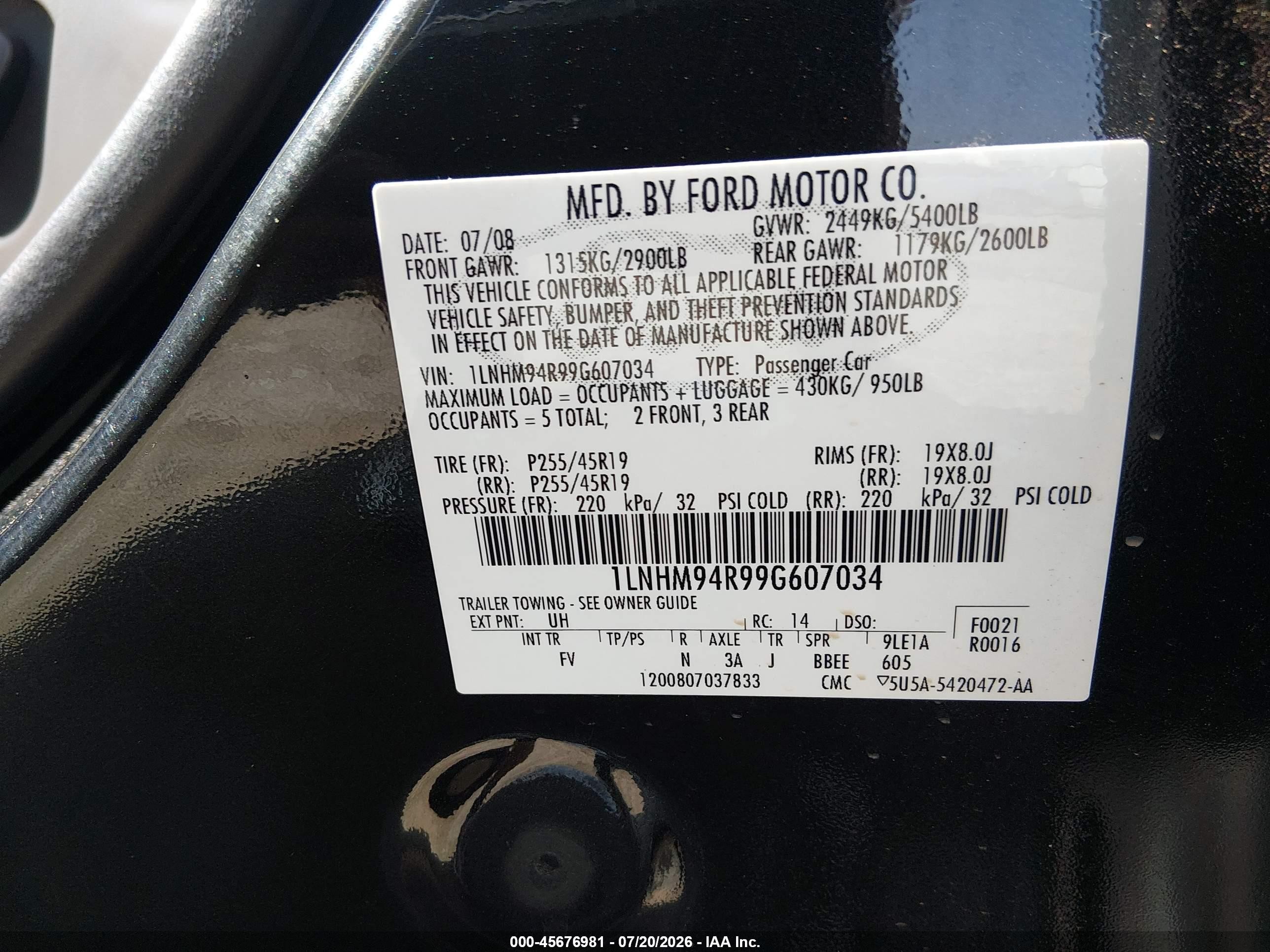 2009 Lincoln Mks   Черный vin: 1LNHM94R99G607034