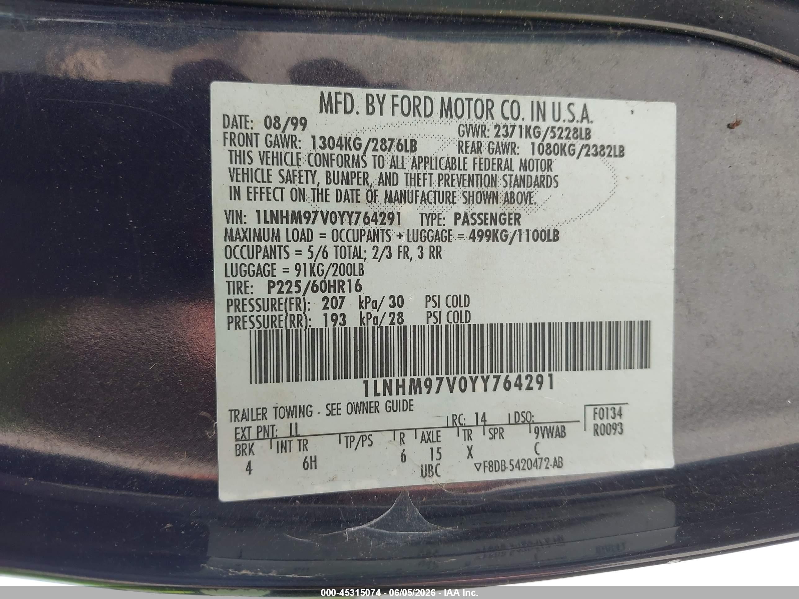 2000 Lincoln Continental Black vin: 1LNHM97V0YY764291