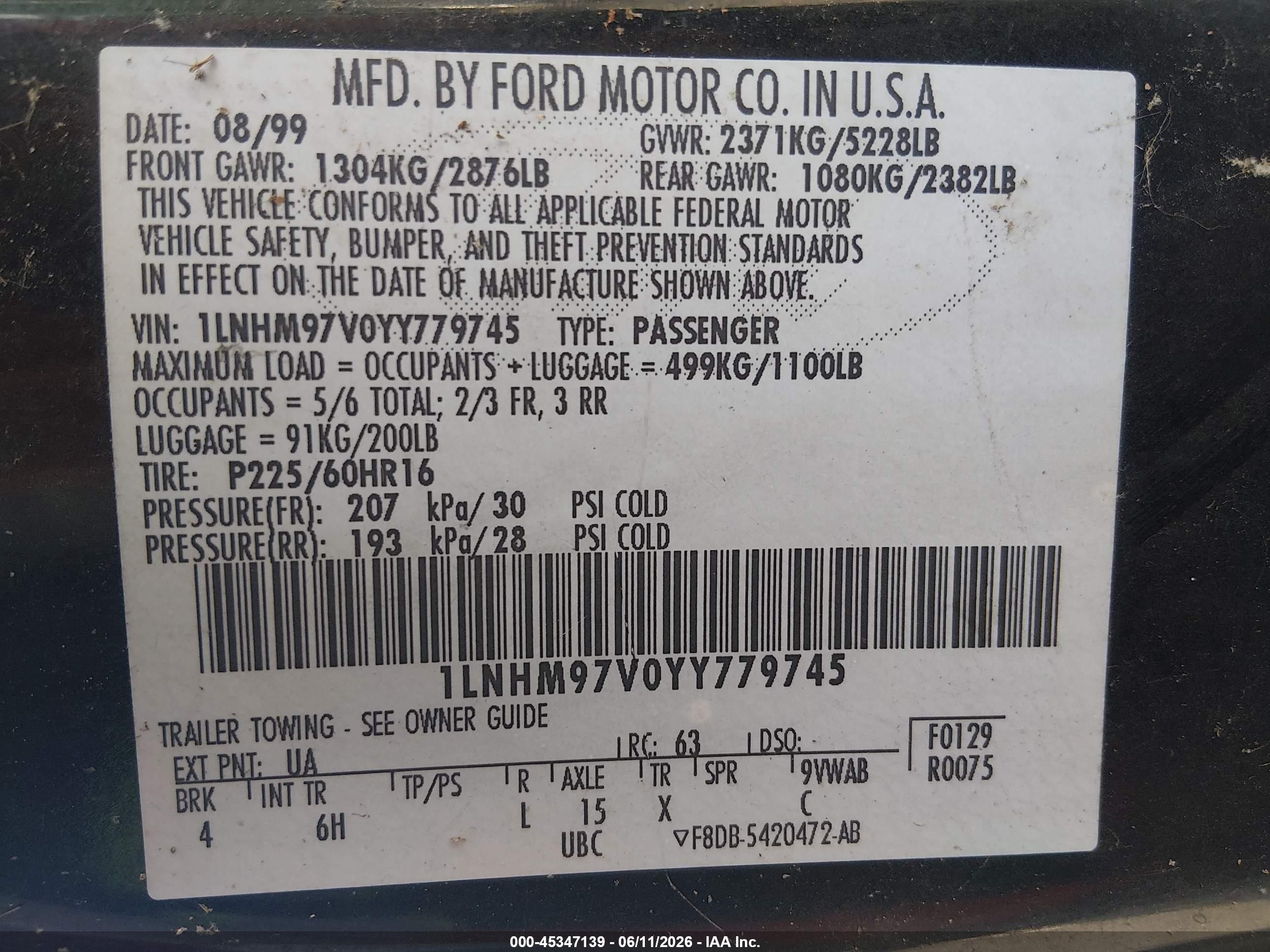 2000 Lincoln Continental   Black vin: 1LNHM97V0YY779745