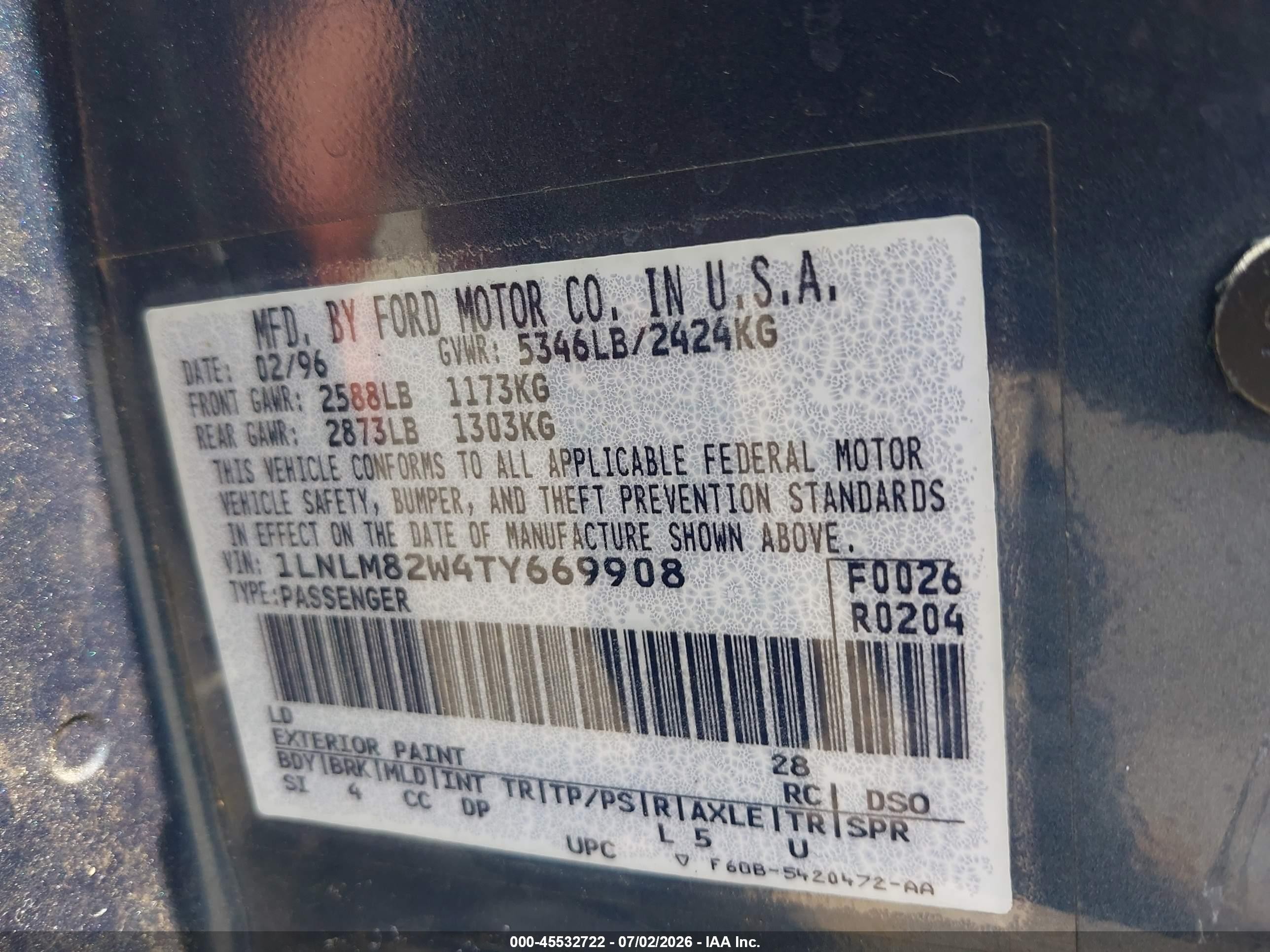 1996 Lincoln Town Car Sgn/dmnd Anv/cypress/jn Blue vin: 1LNLM82W4TY669908