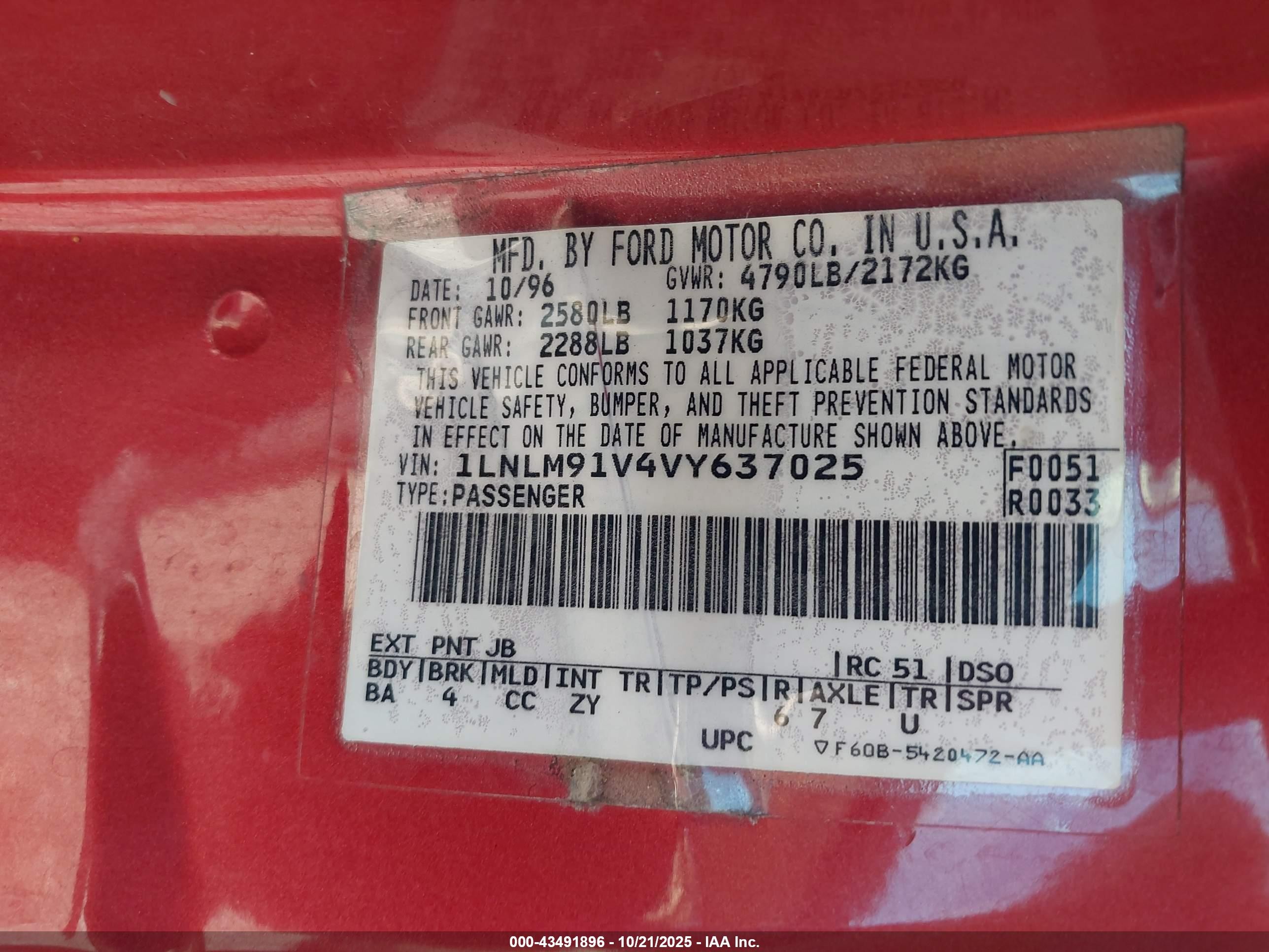 1997 Lincoln Mark Viii   Red vin: 1LNLM91V4VY637025