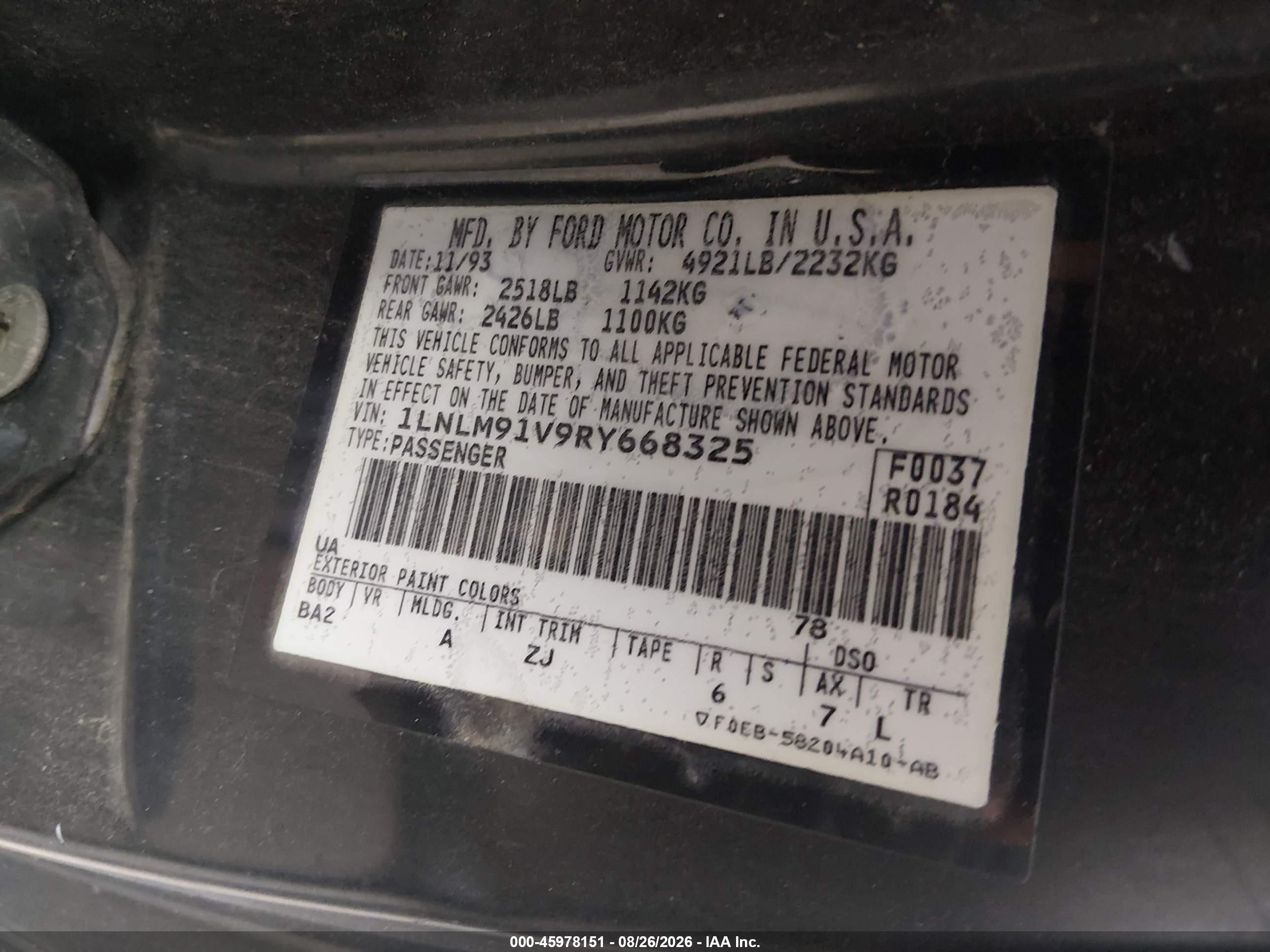 1994 Lincoln Mark Viii   Black vin: 1LNLM91V9RY668325
