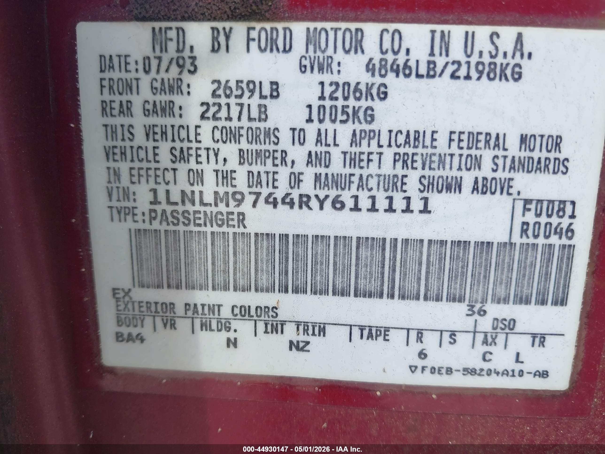 1994 Lincoln Continental Executive Red vin: 1LNLM9744RY611111