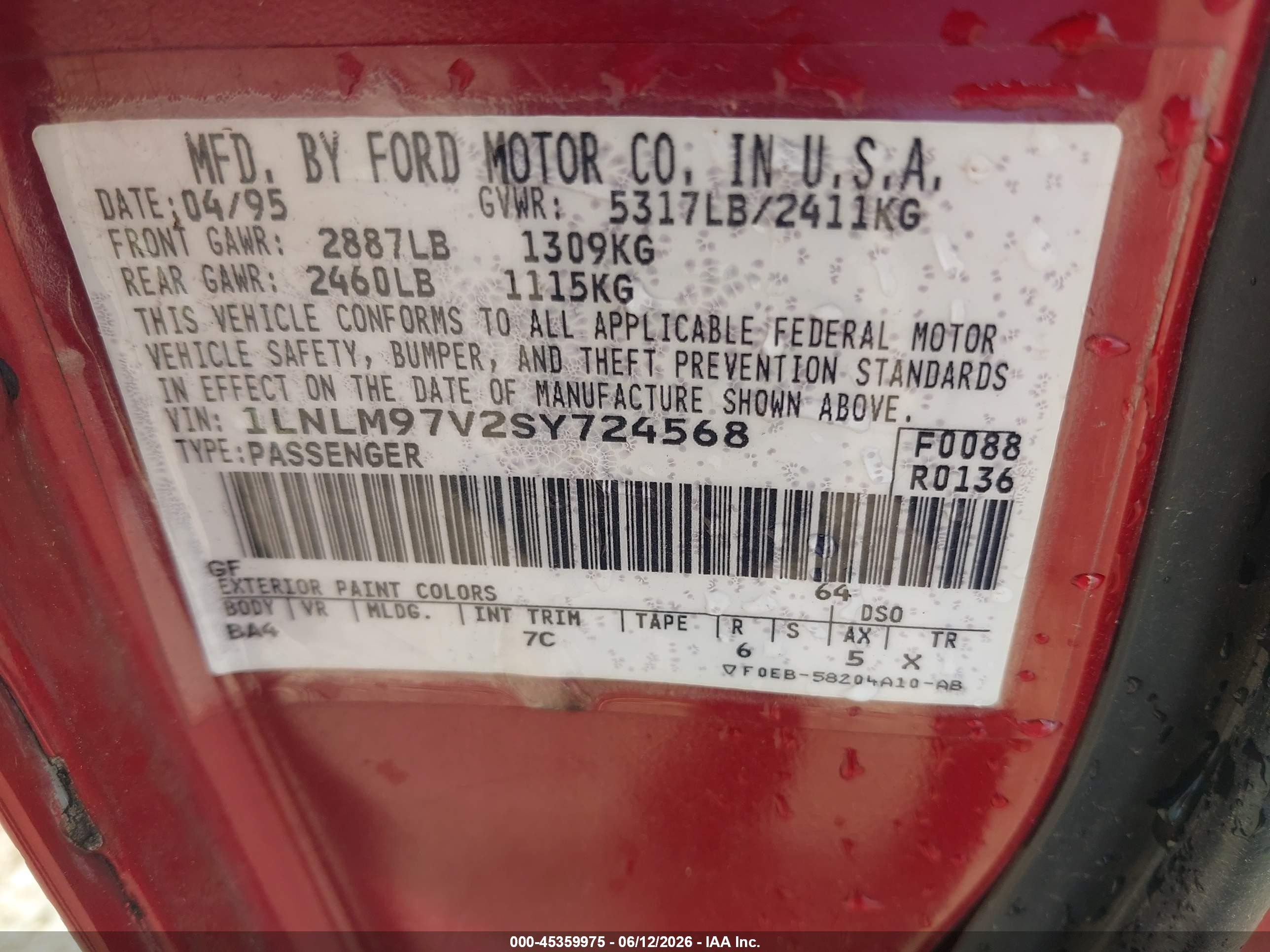 1995 Lincoln Continental   Red vin: 1LNLM97V2SY724568