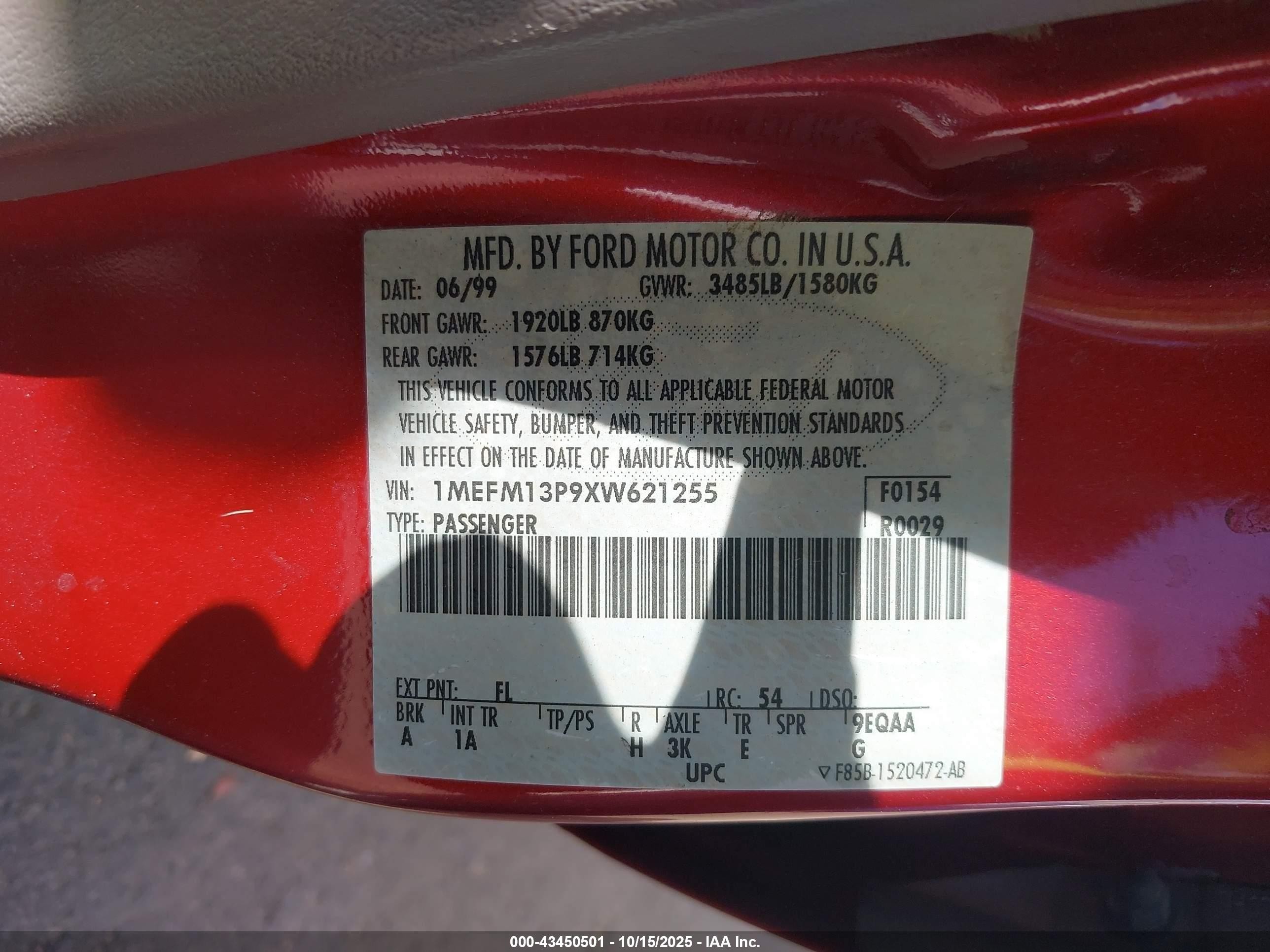 1999 Mercury Tracer Ls Red vin: 1MEFM13P9XW621255