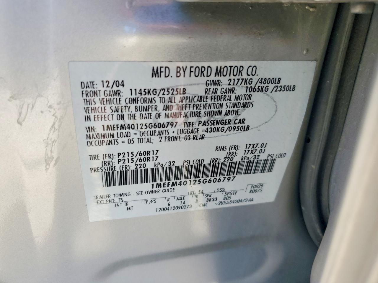 2005 Mercury Montego Luxury Silver vin: 1MEFM40125G606797