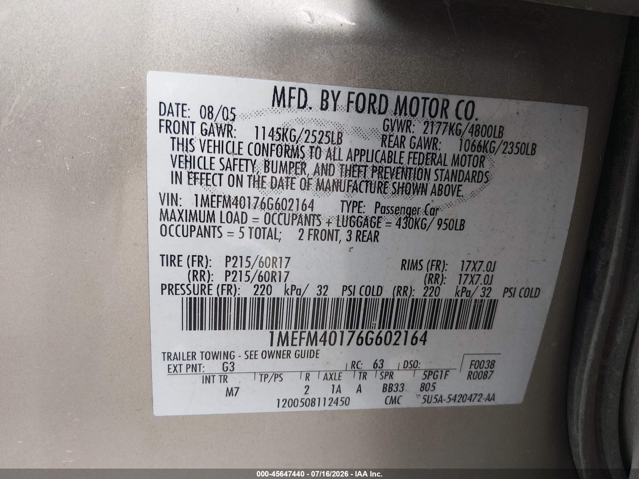 2006 Mercury Montego Luxury Золотой vin: 1MEFM40176G602164