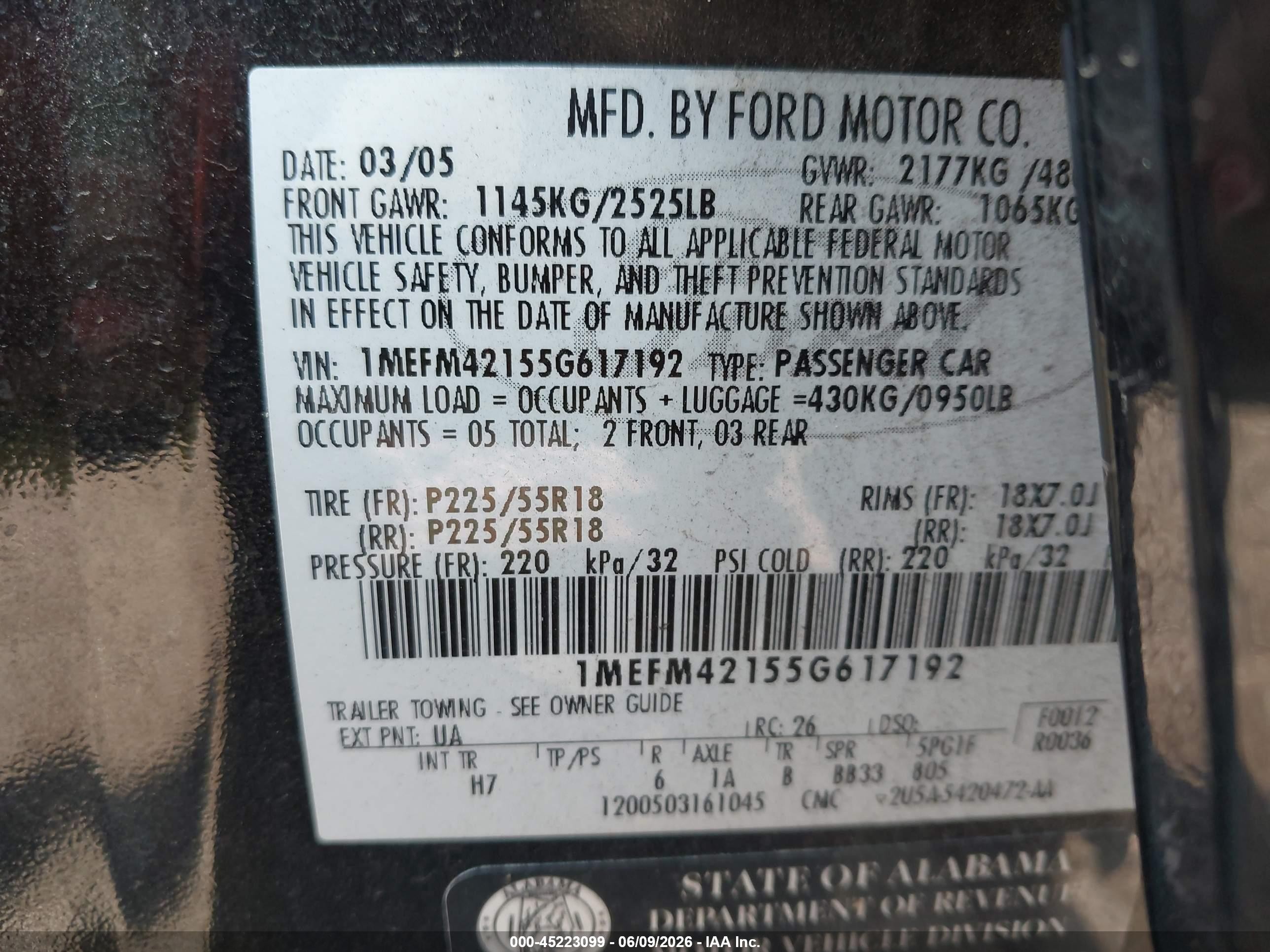 2005 Mercury Montego Premier Черный vin: 1MEFM42155G617192