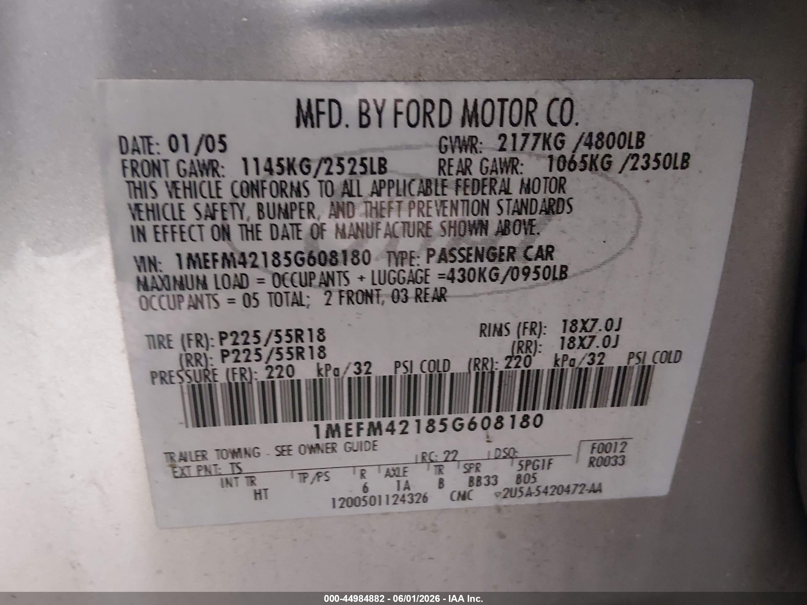 2005 Mercury Montego Premier Silver vin: 1MEFM42185G608180