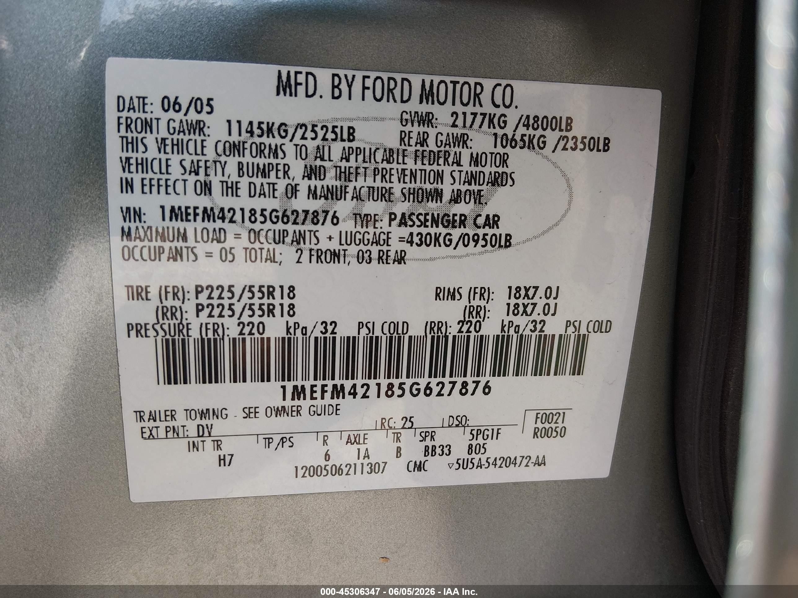 2005 Mercury Montego Premier Серый vin: 1MEFM42185G627876