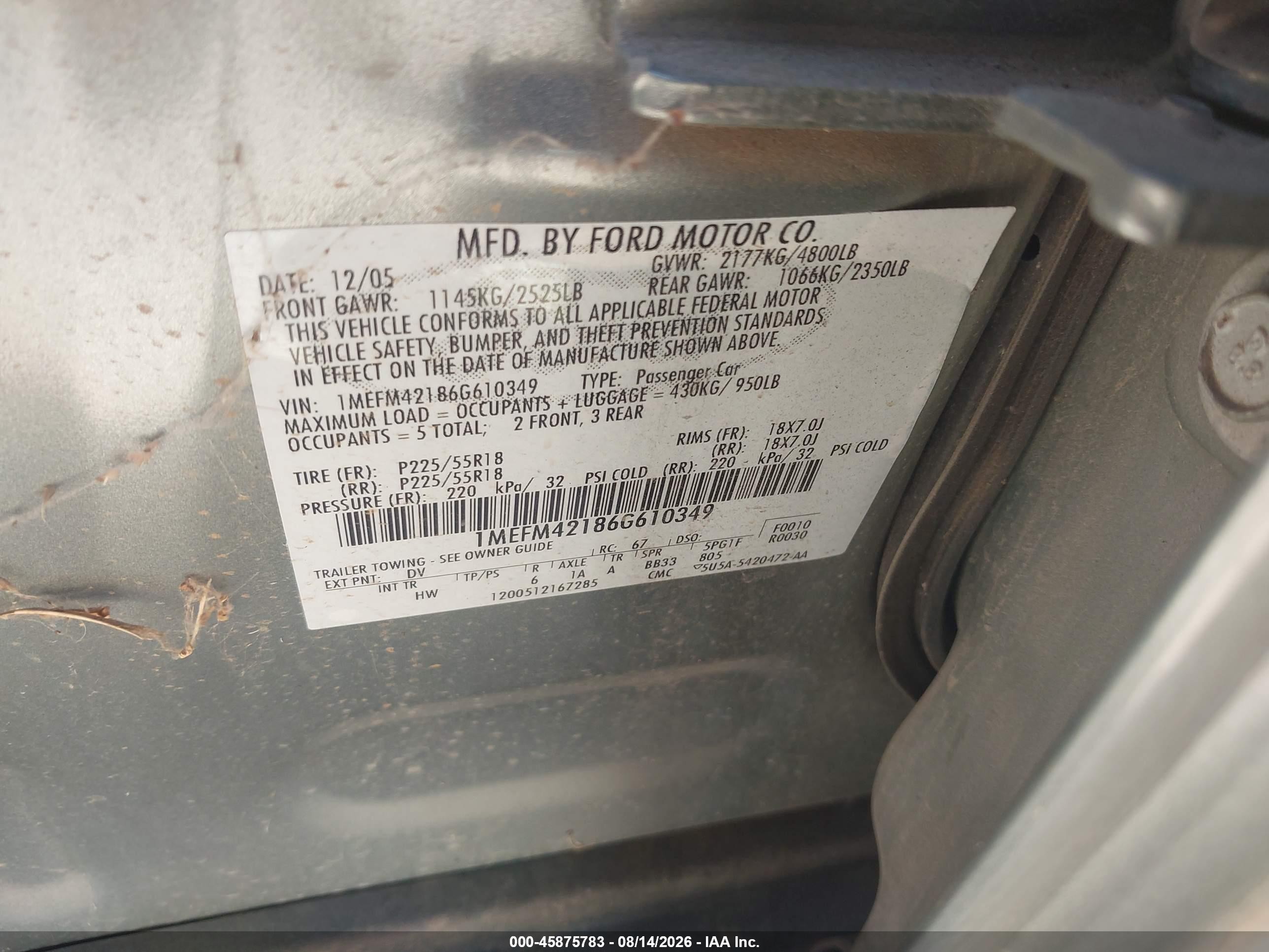 2006 Mercury Montego Premier Gray vin: 1MEFM42186G610349