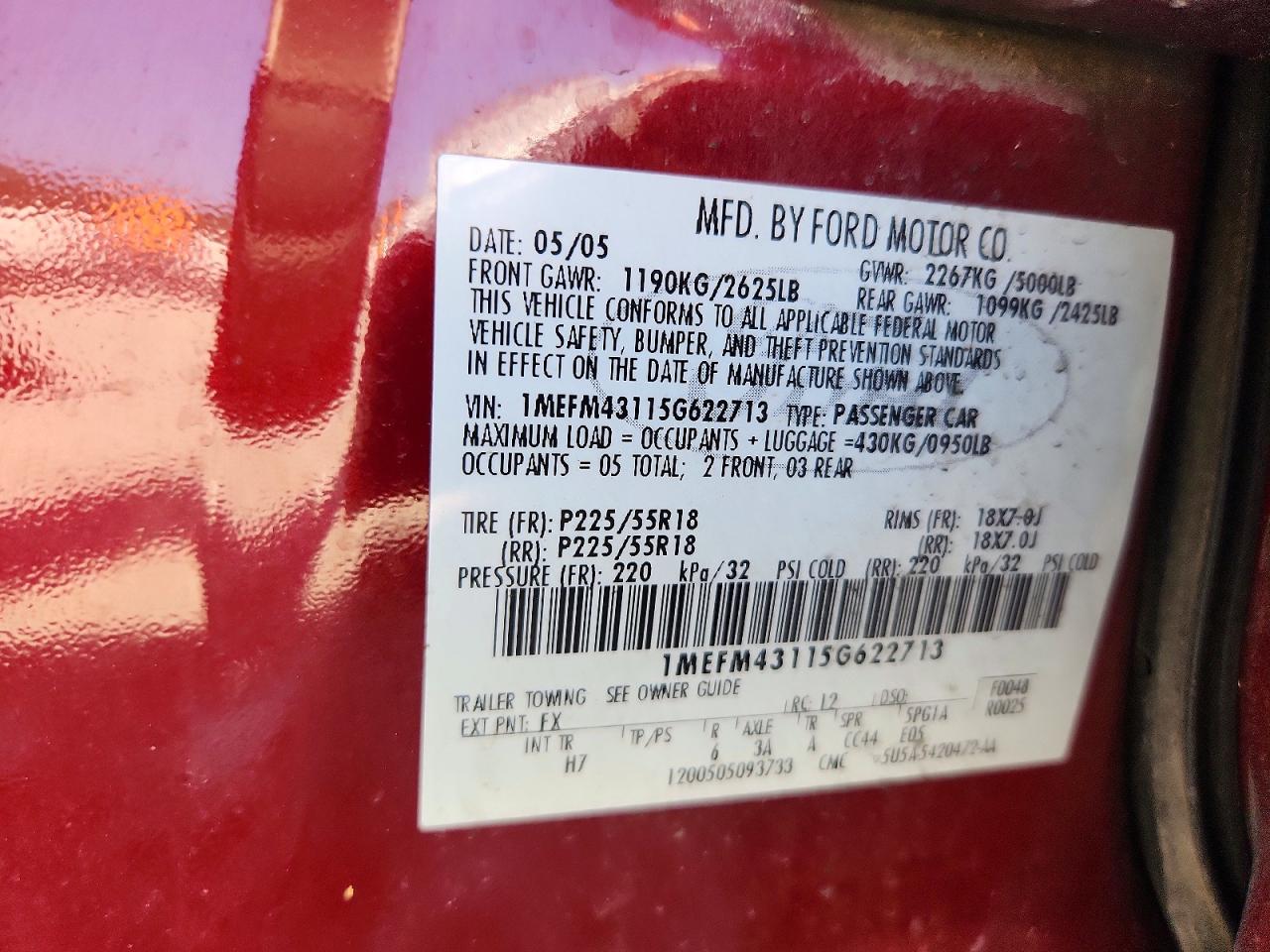 2005 Mercury Montego Premier Burgundy vin: 1MEFM43115G622713