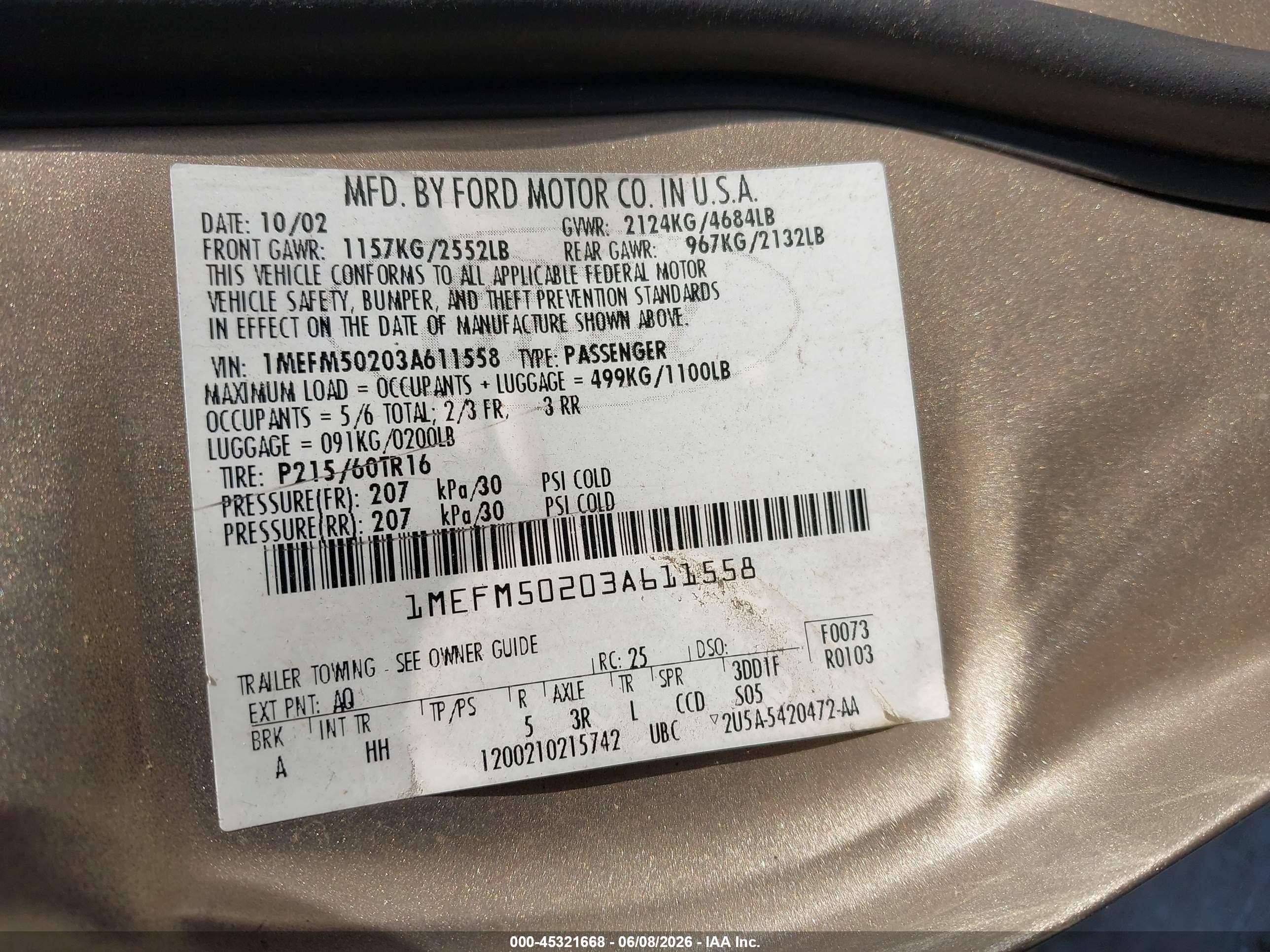 2003 Mercury Sable Gs Gold vin: 1MEFM50203A611558