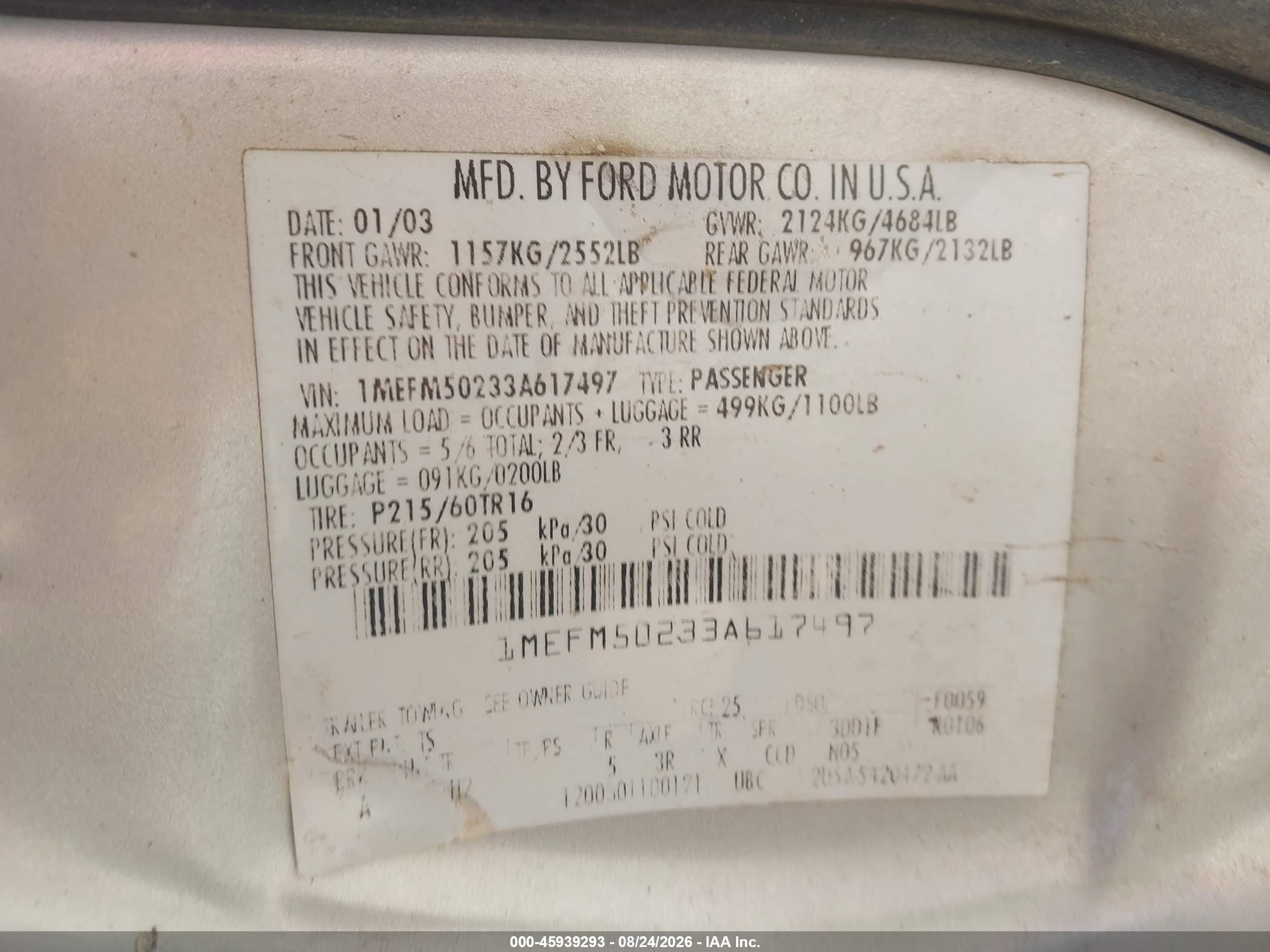 2003 Mercury Sable Gs Silver vin: 1MEFM50233A617497