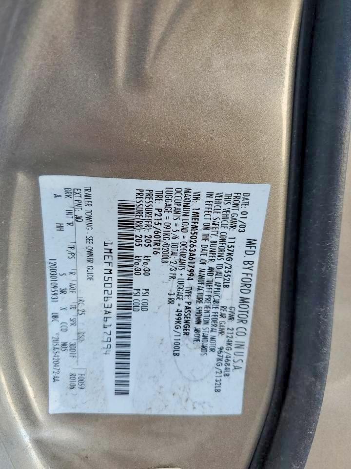 2003 Mercury Sable Gs Tan vin: 1MEFM50263A617994