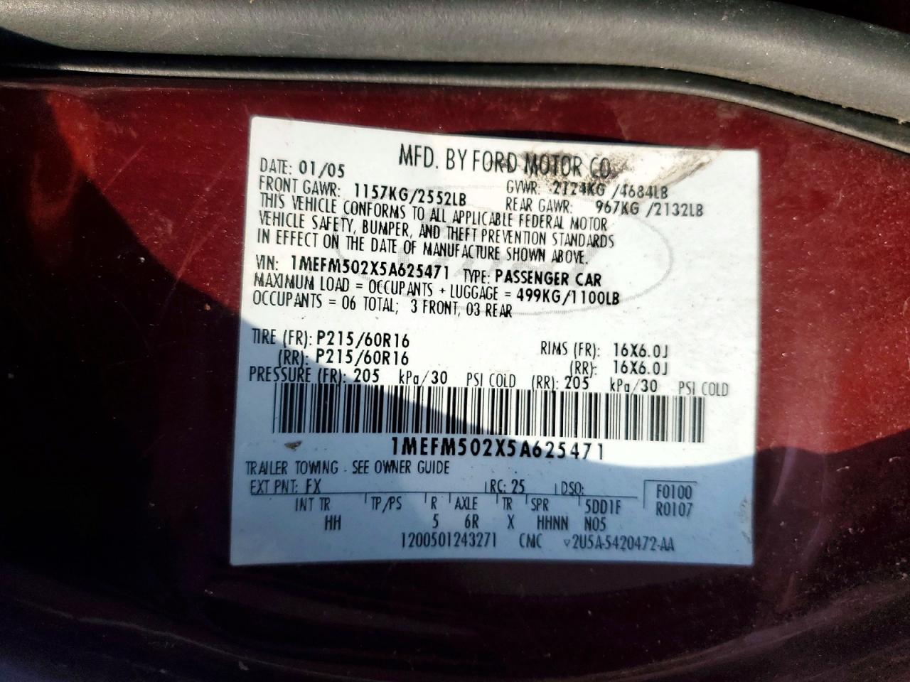 2005 Mercury Sable Gs Burgundy vin: 1MEFM502X5A625471