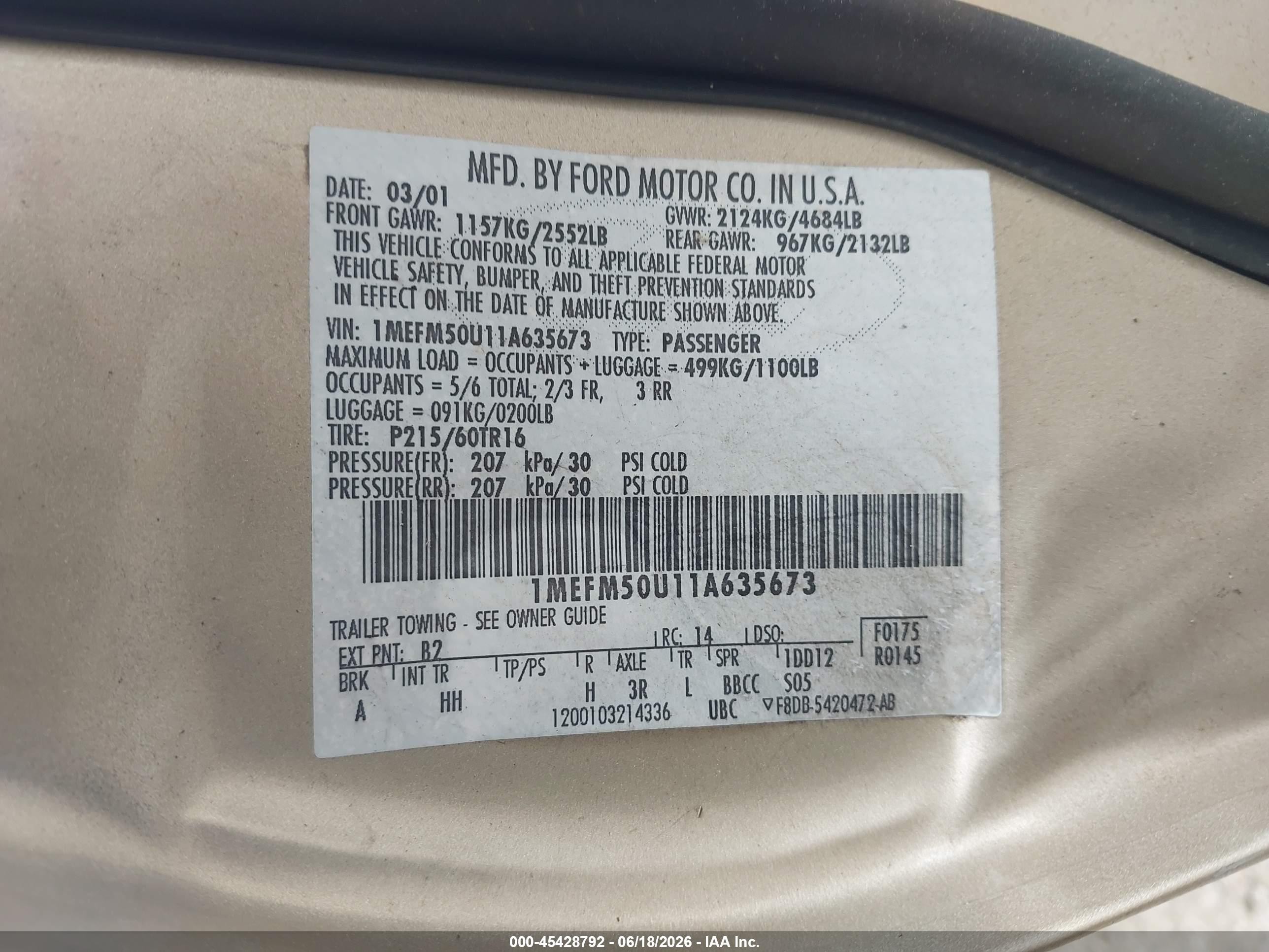 2001 Mercury Sable Gs Tan vin: 1MEFM50U11A635673