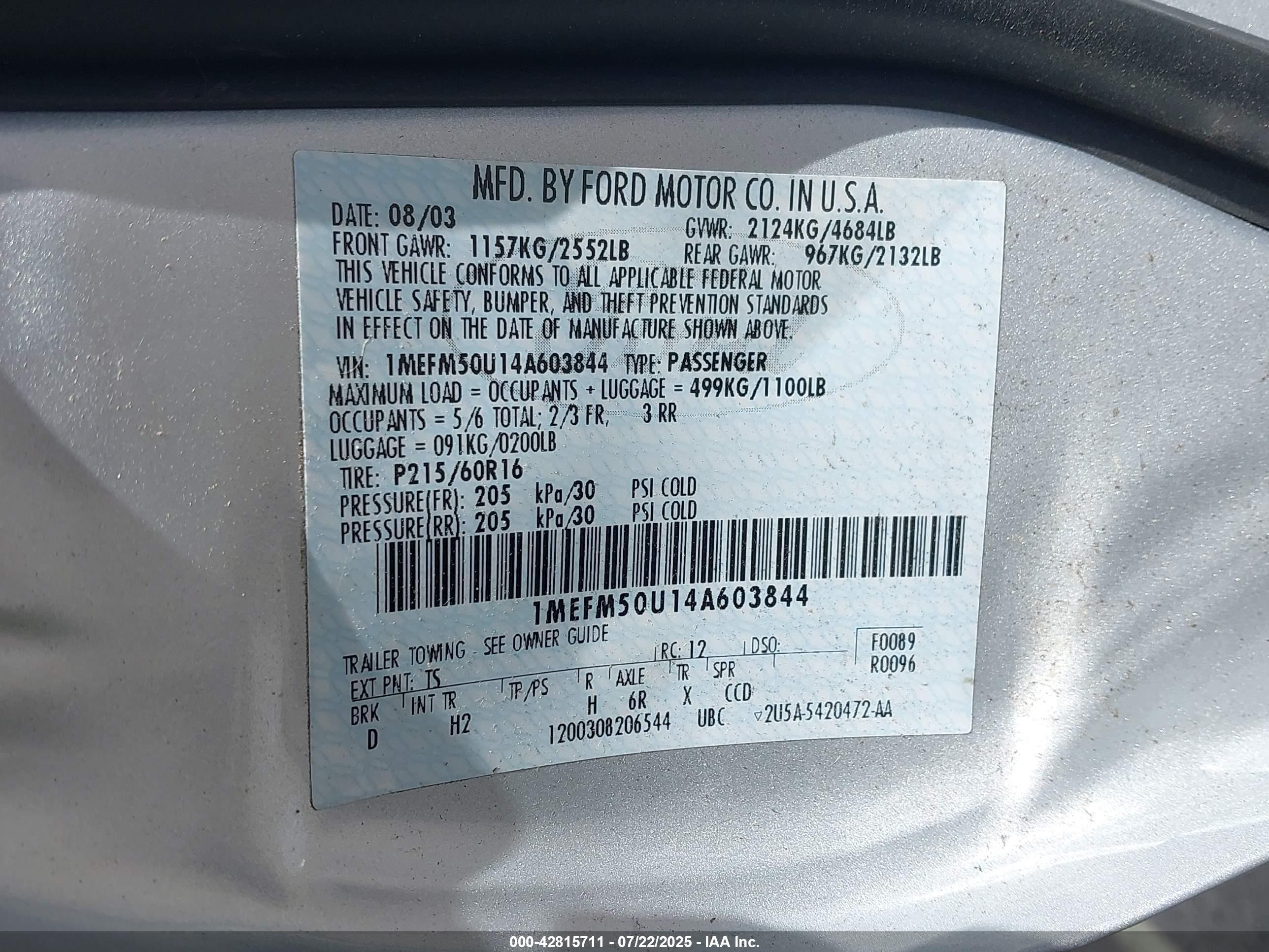 2004 Mercury Sable Gs Gray vin: 1MEFM50U14A603844