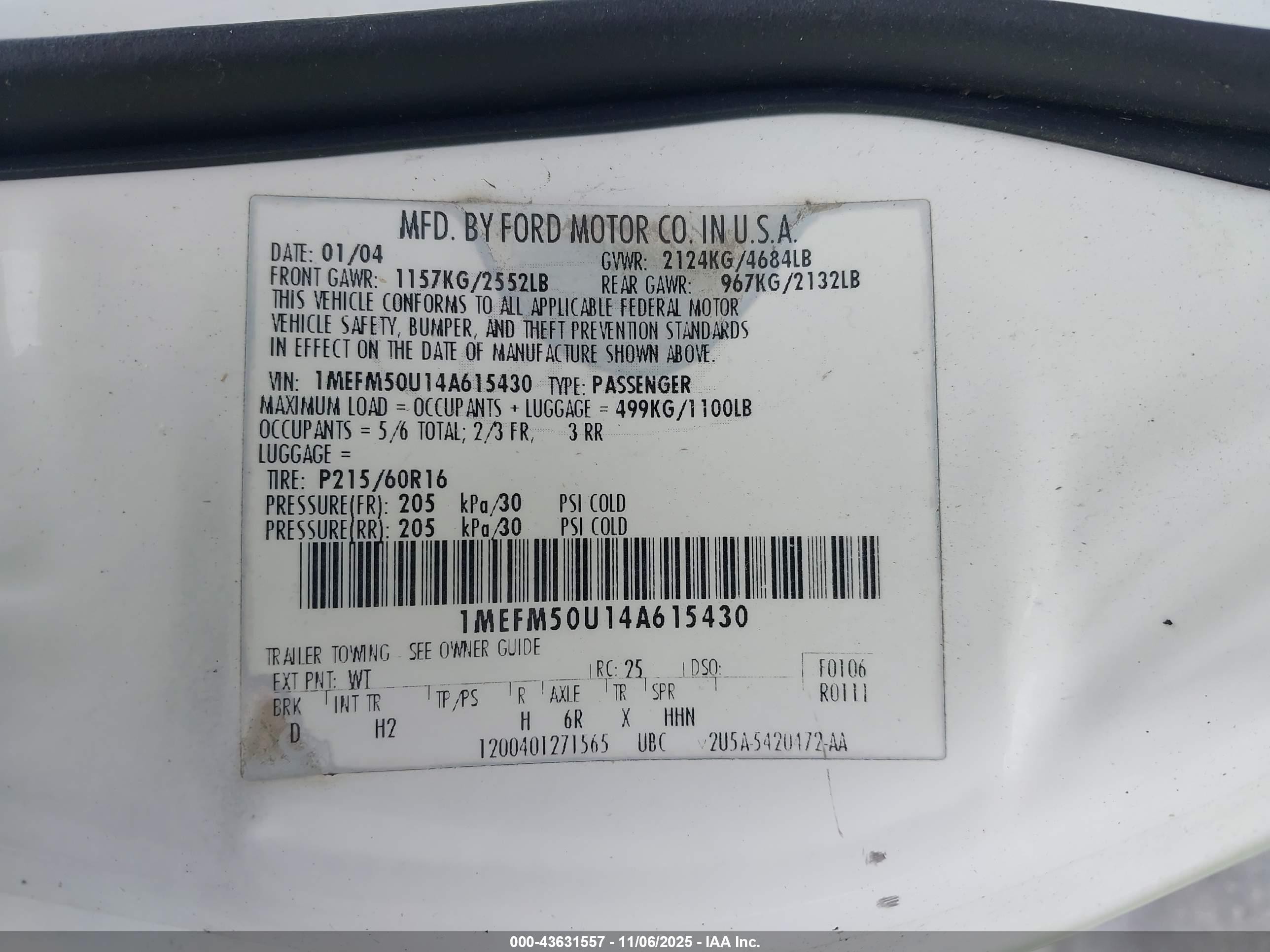 2004 Mercury Sable Gs White vin: 1MEFM50U14A615430